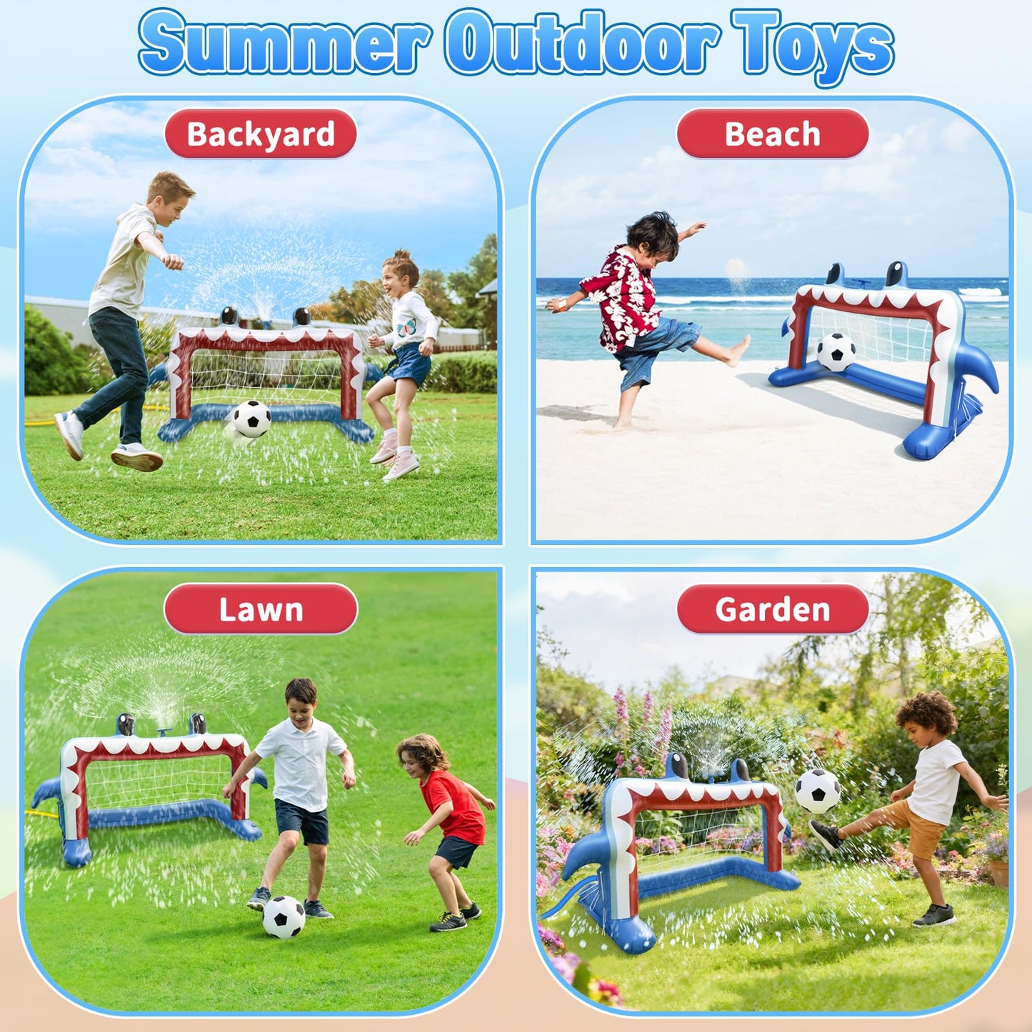 Intoypad Water Sprinkler Soccer Toys, Inflatable Shark Soccer Goal Sprinkler with a Soccer Ball Backyard Outdoor Summer Toys for Boys Girls Outside Yard Water Football Game Toys for Kids Ages 3-8