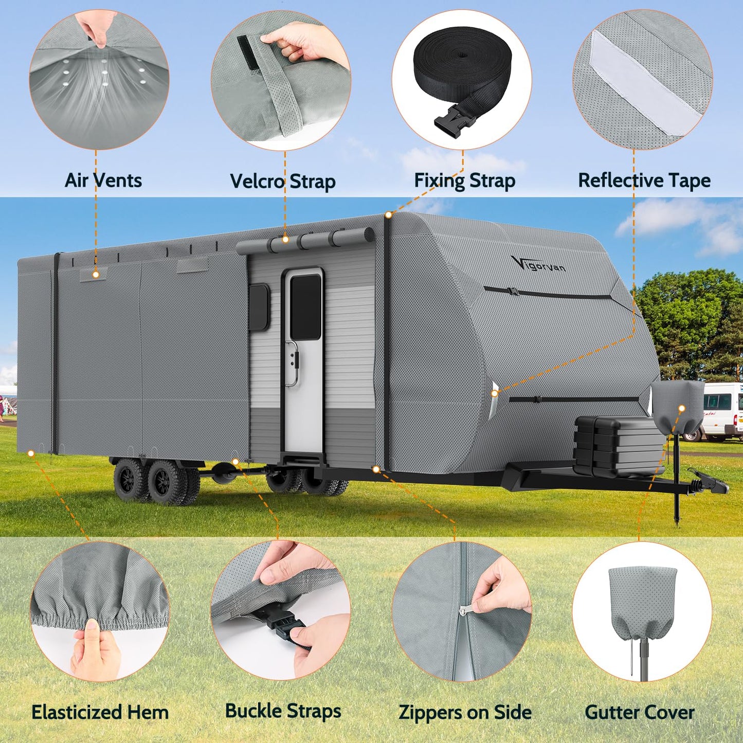 RV Cover Vigorvan Upgrad 7 Layers Top Camper Cover Windproof Travel Trailer Cover for 27-30FT RV, Toy Hauler Cover with Tongue Jack Cover, Extra Windproof Ropes, Gutter Covers