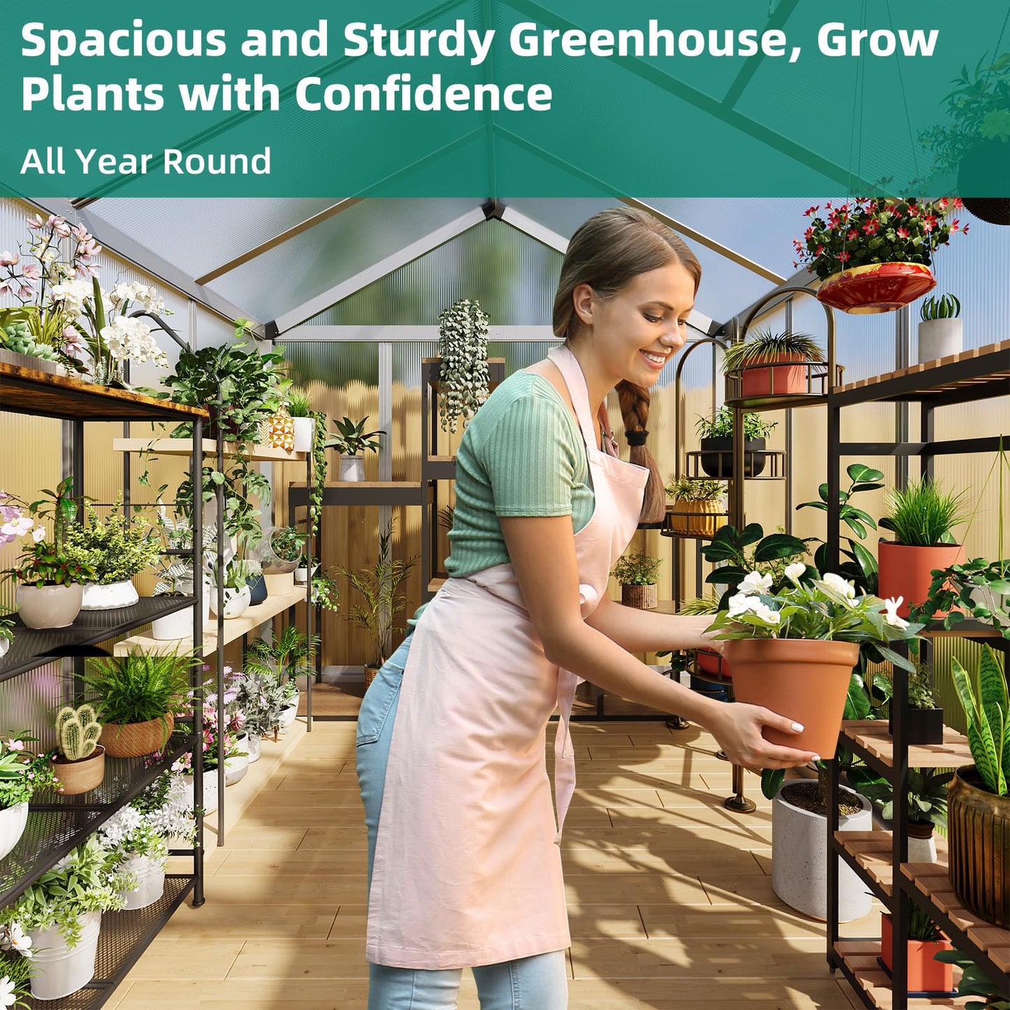 6x8 FT Greenhouse - Large Aluminum Greenhouses for Outdoors, Heavy Duty Polycarbonate Greenhouse with Roof Vent&Ground Nails, Walk-in Green Houses for Garden, Backyard, Patio, Easy Assembly