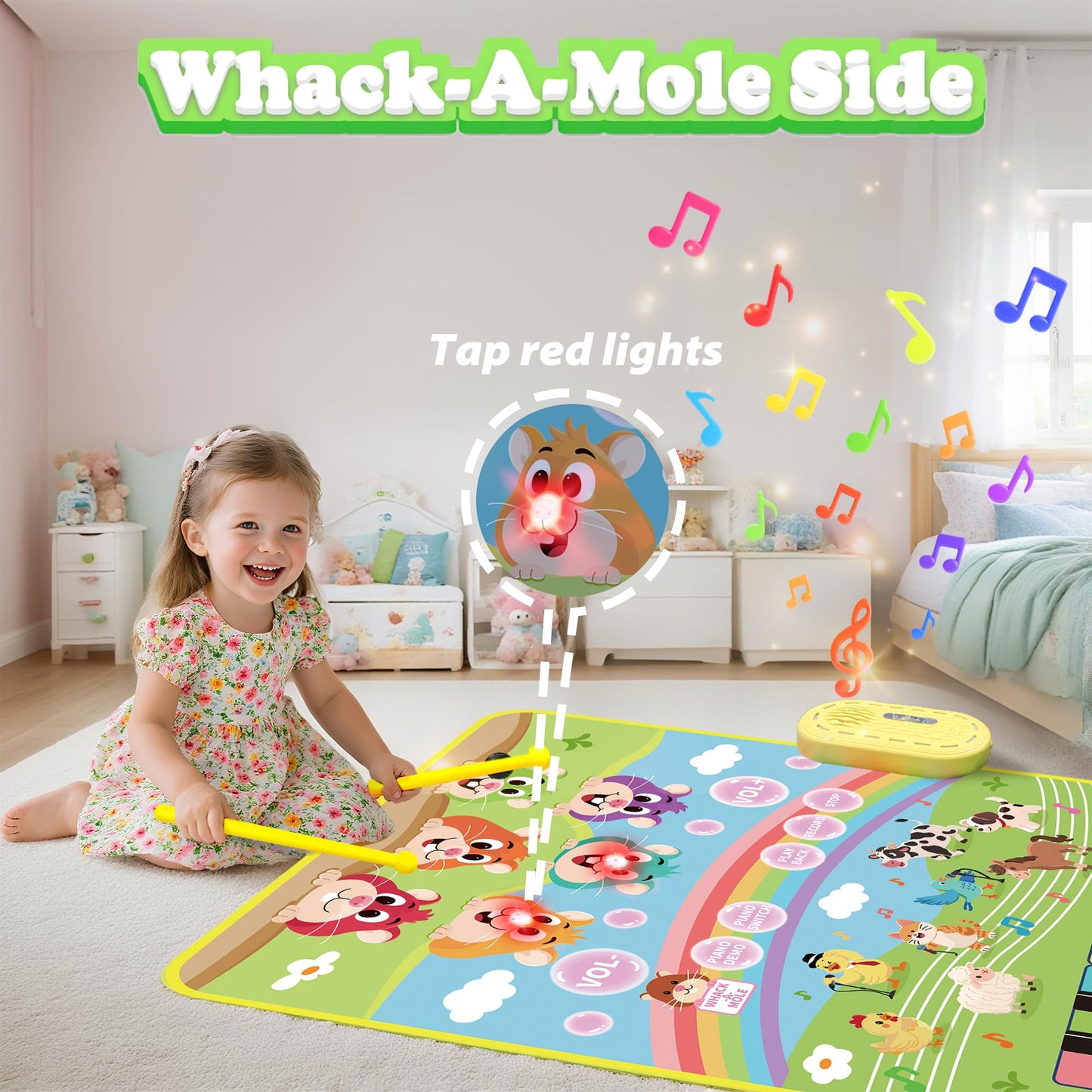MOMUSE 3-in-1 Piano Music Mat for Kids, Whack-a-Mole Game Floor Play Mat with 30 Sound & Function Keys, Sensory Musical Toys for Baby Girls Boys Toddlers 1 2 3 4 5 6 Years Old