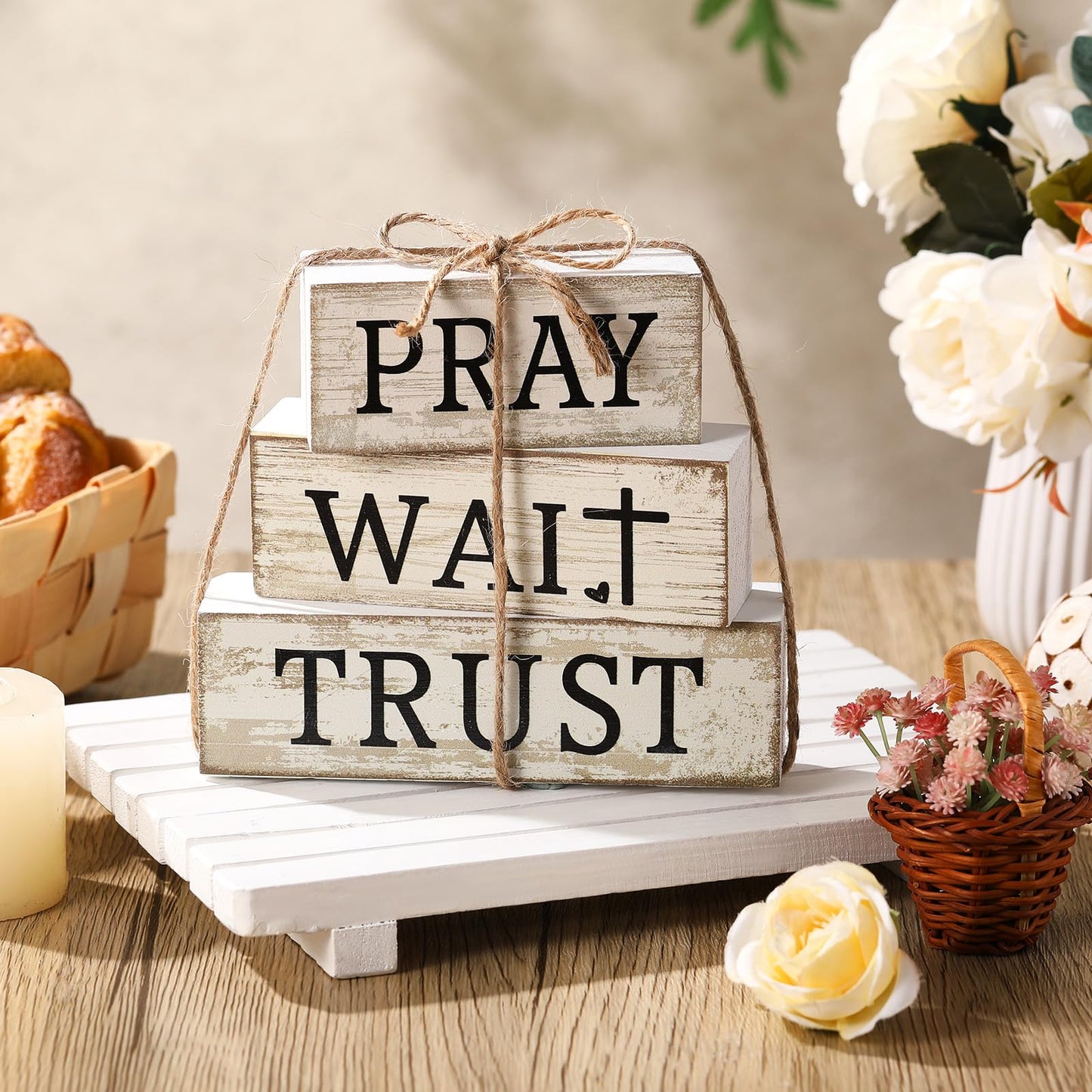 CroBlissful 4 Pcs Farmhouse Wooden Tabletop Decor Bible Verse Decorative Sign Inspirational Religious Christian Table Decor Pray Wait Trust Centerpiece Easter Gifts for Home Kitchen Shelf Mantle