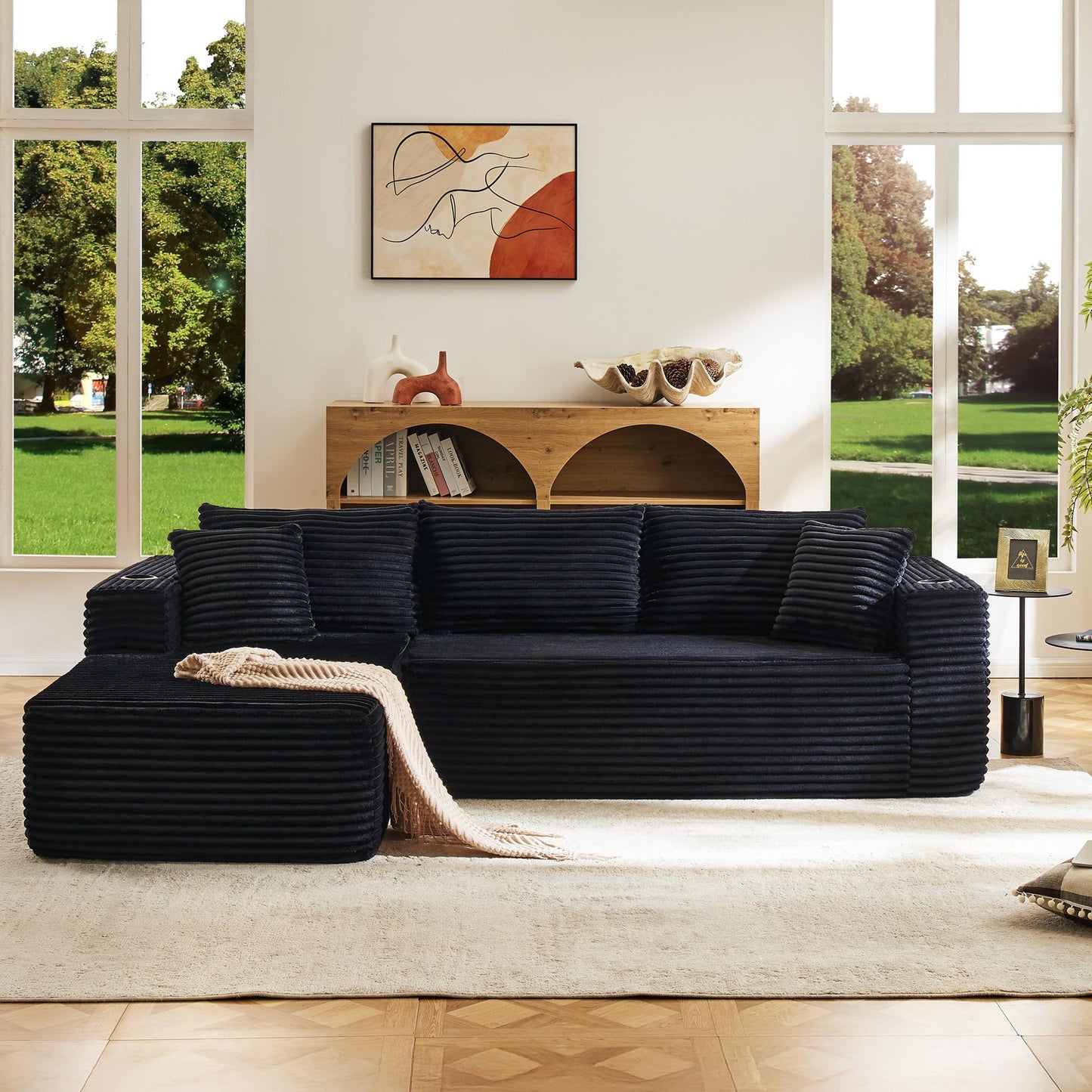 Fahomiss Modular Compressed Sectional Sofa Set – Velvet Corduroy Upholstery, Convertible Couch with Cup Holders and Pillows for Living Room, Black