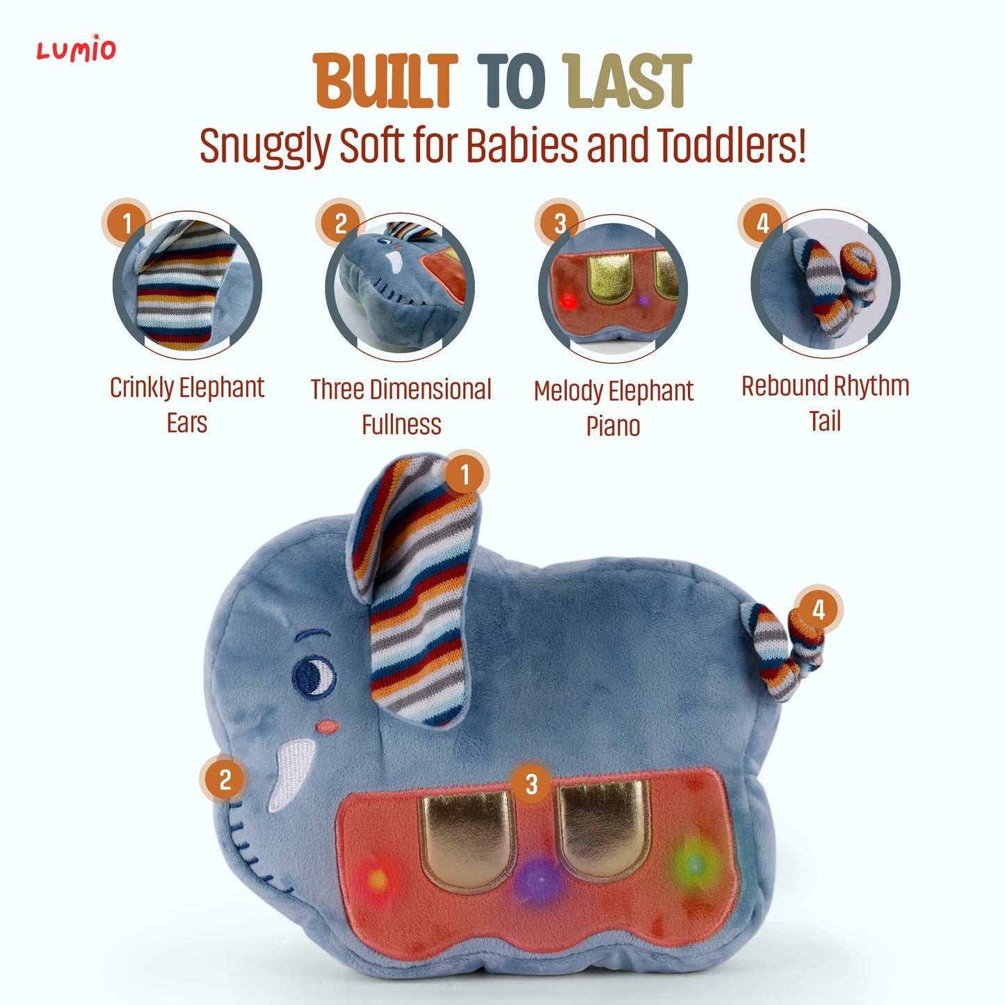 Lumio Interactive Musical Plush Toy with Lights and Drum Sounds - Sensory Toy for 3 6 9 12-18 Months and up, Perfect for Tummy Time Rhythm Learning (Piano)