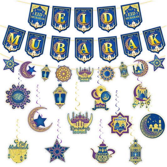 Eid Mubarak Decoration Set, Blue and Gold, Ramadan Banner with Lanterns, Stars, Moon, Hanging Swirls