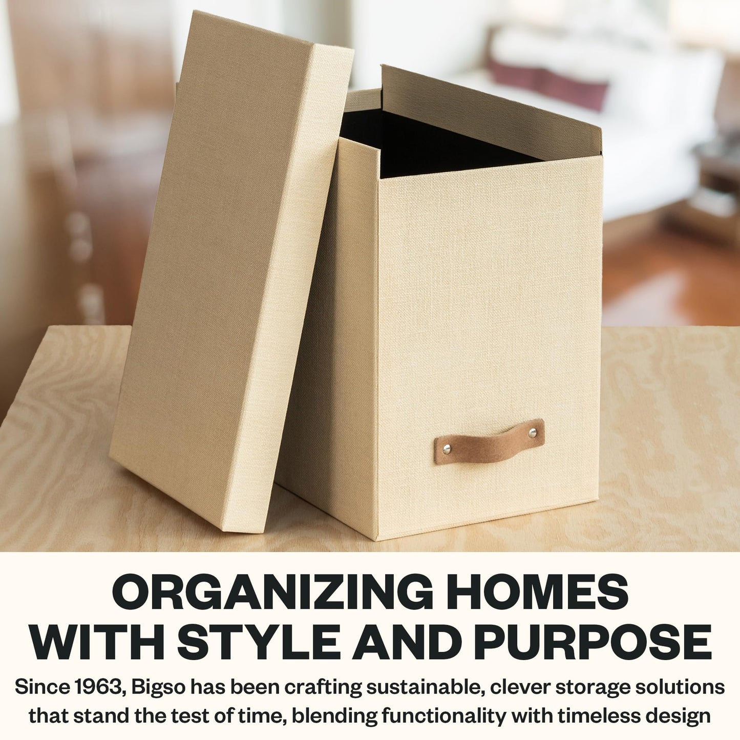 Bigso John File Box - File Storage Box and File Organizer for Important Paperwork - Durable Hanging File Box with Lid and Leather Handle - 7.36 in x 13.26 in x 10.51 in - Cream