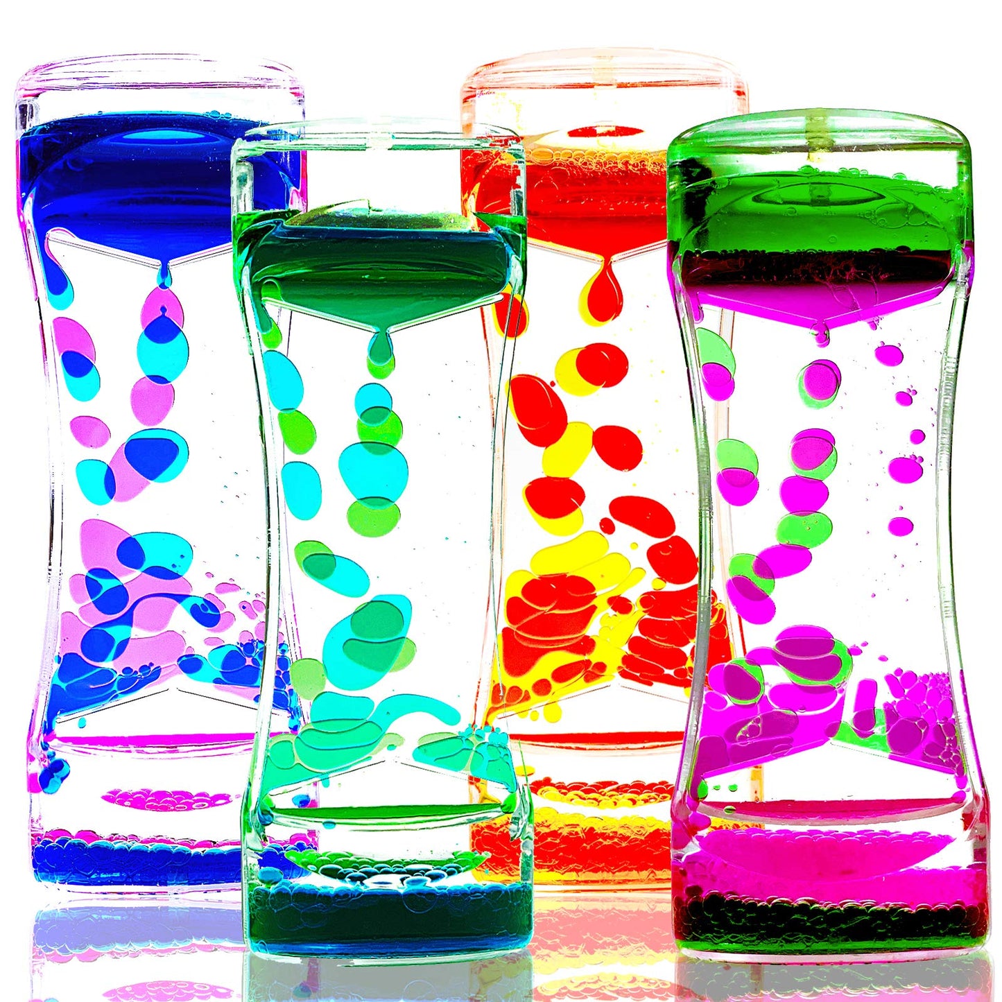 FKYTION Liquid Motion Bubbler Timer Pack of 4 Colorful Hourglass Liquid Bubbler ADHD Fidget Sensory Toys for Kids, Teenagers, Adults