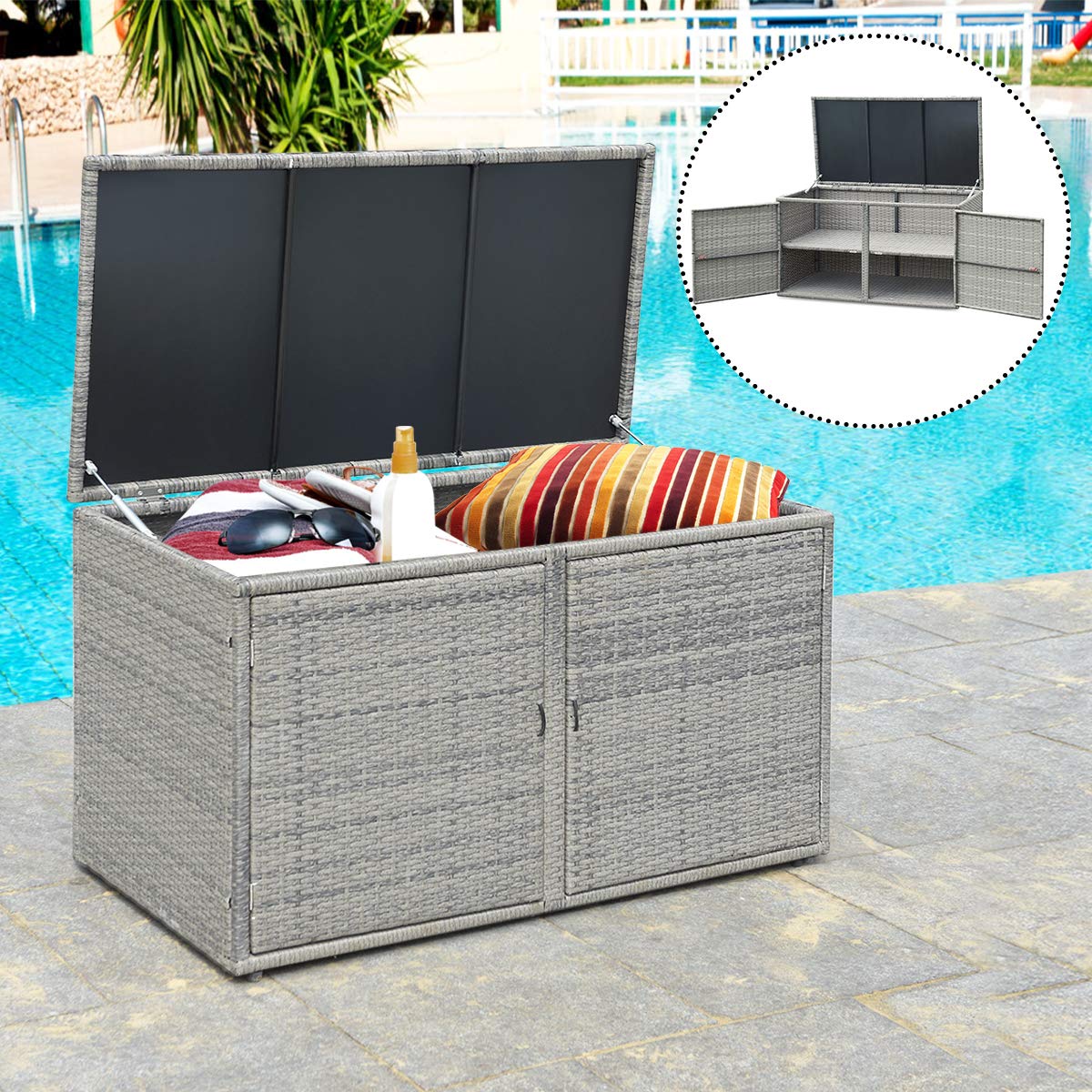 RELAX4LIFE PE Wicker Storage Box - Outdoor 88 Gallon 2-Tier Deck Box for Patio Furniture Toys Storage w/Lid & Front Doors, All Weather Rattan Storage Bin for Backyard Garden Poolside Porch (Grey)
