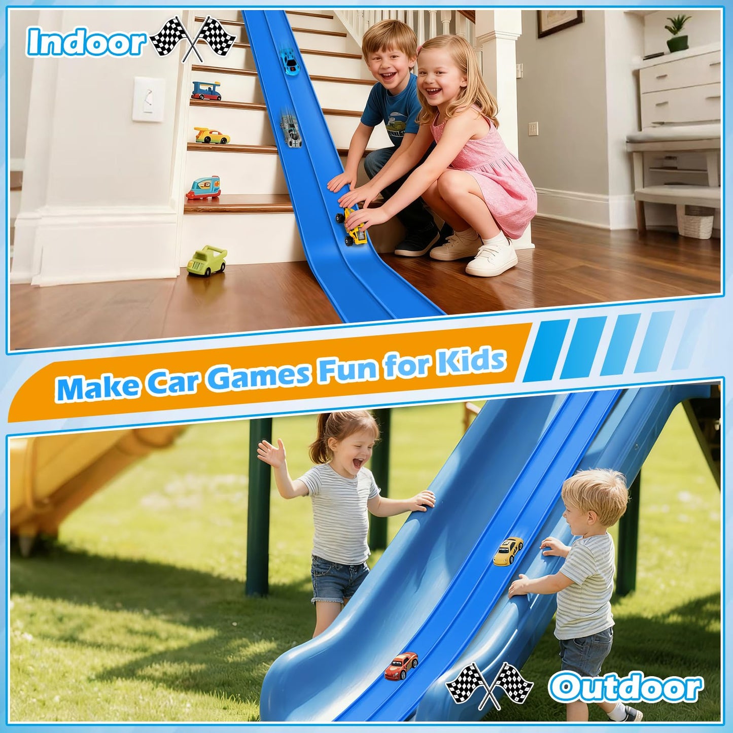 Flexible Race Track Toys for Kids, 15 Ft Flex Tracks Starter Set with Strong Suction Cups - Compatible with Hot Wheels and Diecast 1/64th Cars, Rolls up Portable Race Car Ramp Track (Blue)