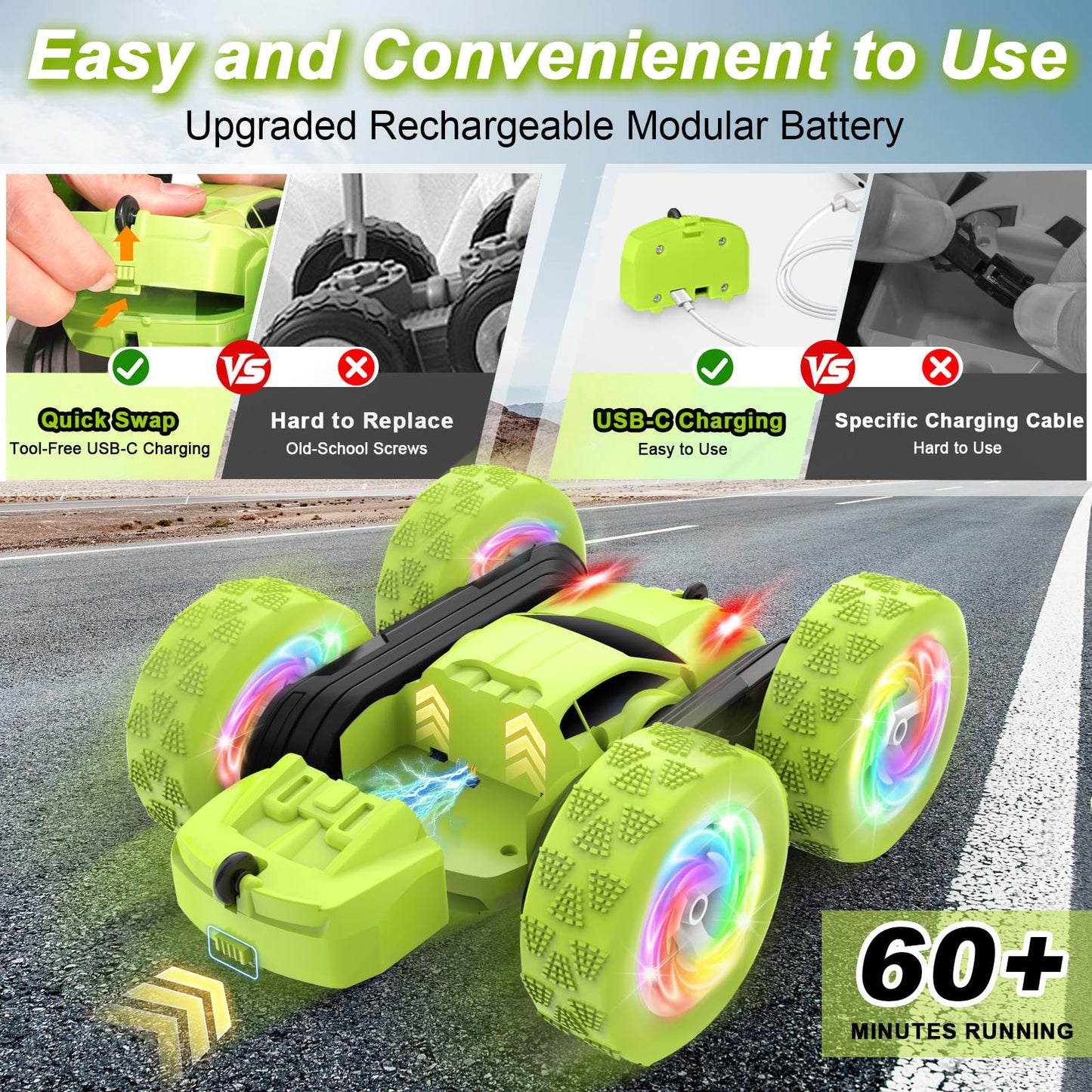 FDCTR Remote Control Car, Stunt RC Cars, 2.4GHz Double Sided 360° Flips RC Crawler, Outdoor Toys for Kids Ages 4-8, Upgraded USB-C Modular Battery, 5 6 7 8 9 10 +Year Old Boys Birthday Gifts Green