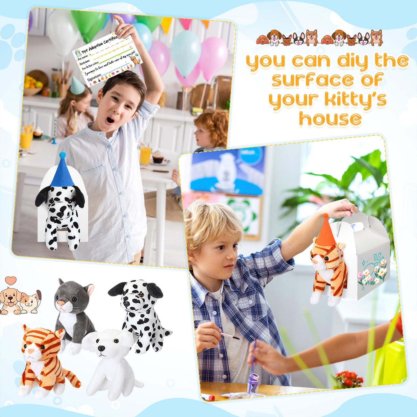 HyDren 33 Pcs Adopt Party Favors Include Adoption Sign Animal Adoption Plush Certificate Pet Stuffed Birthday Hats Paper Boxes White for Adopt an Animal(4 Cat 4 Dog)