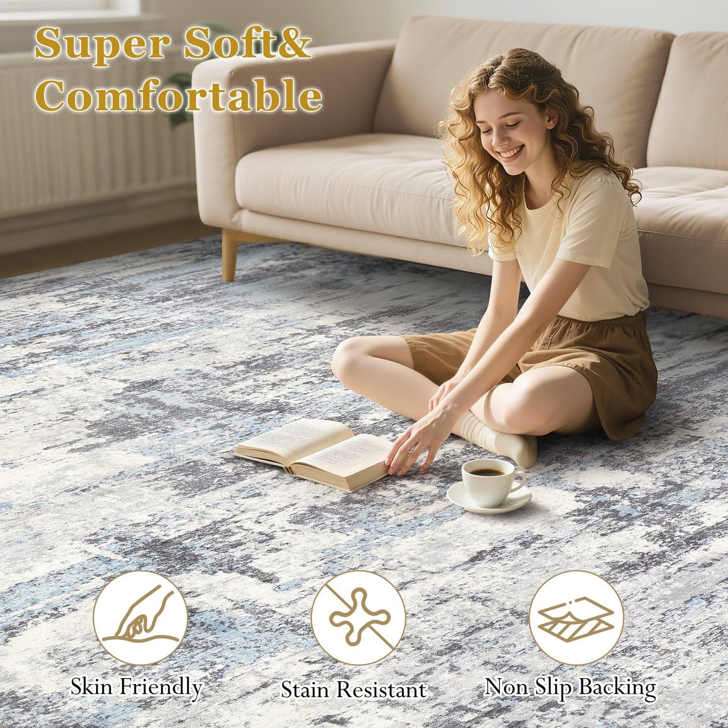 Area Rugs for Living Room: 8x10 Abstract Washable Rug Modern Neutral Large Soft Stain Resistant Non-Slip Backing Machine Table for Bedroom Dining Room Indoor Home Office Carpet - Blue Grey