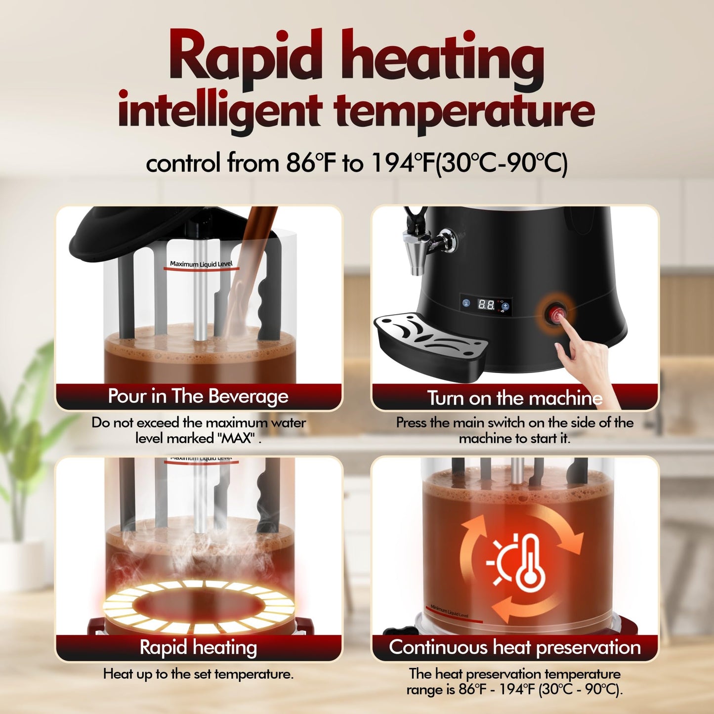Commercial Hot Chocolate Machine - 10L/2.6Gal Hot Chocolate Maker, Electric Hot Drink Dispenser, 86-194°F Temperature Control Hot Beverage Maker for Cocoa, Milk, Coffee, Juice - Black
