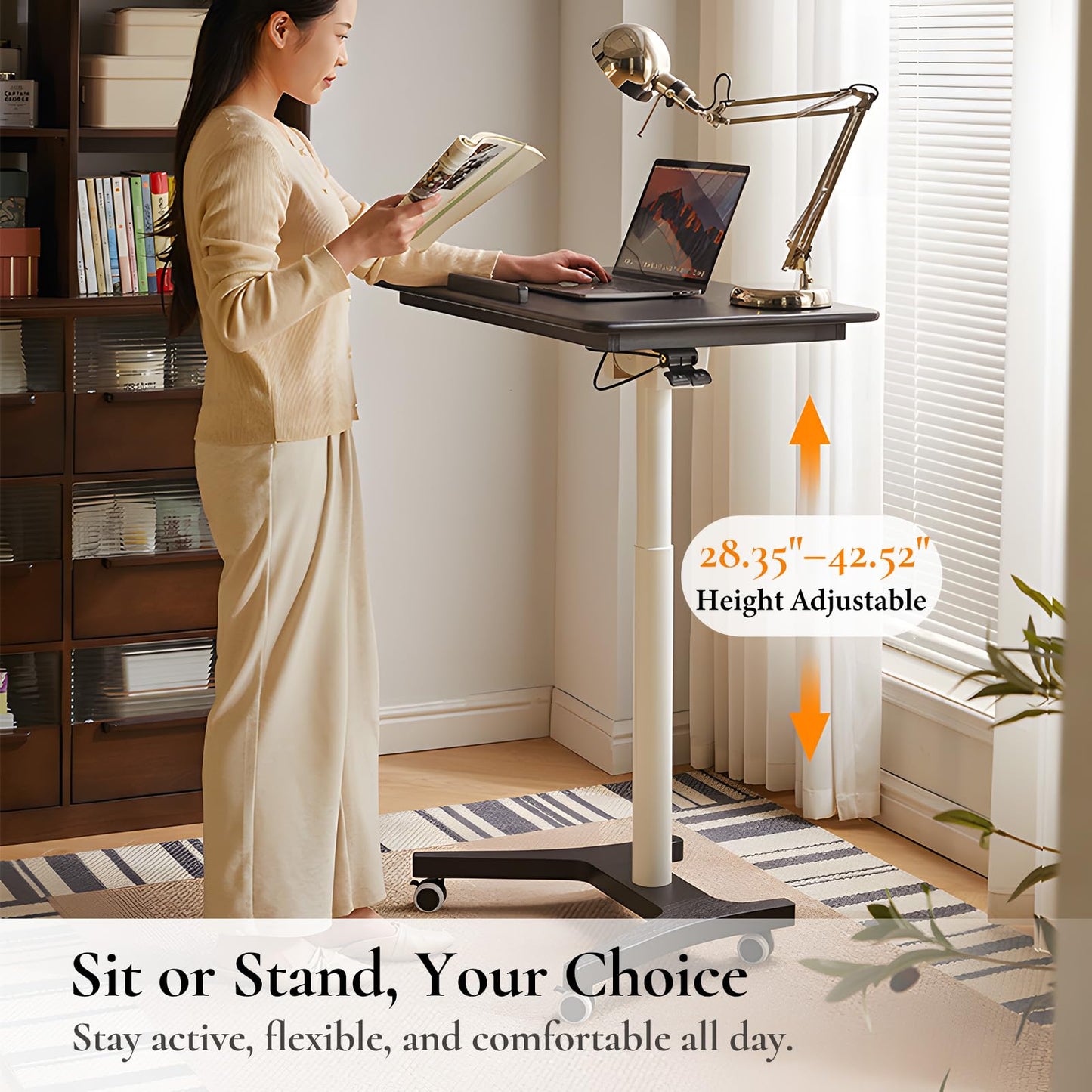 Cttasty Adjustable Computer Desk, Solid Wood Folding Desk with Wheels, Mobile Home Office Laptop Table, Sit Stand Workstation, Rolling Desk, 28.35-42.52 H x 31.5 W x 19.69 D Inches, Black
