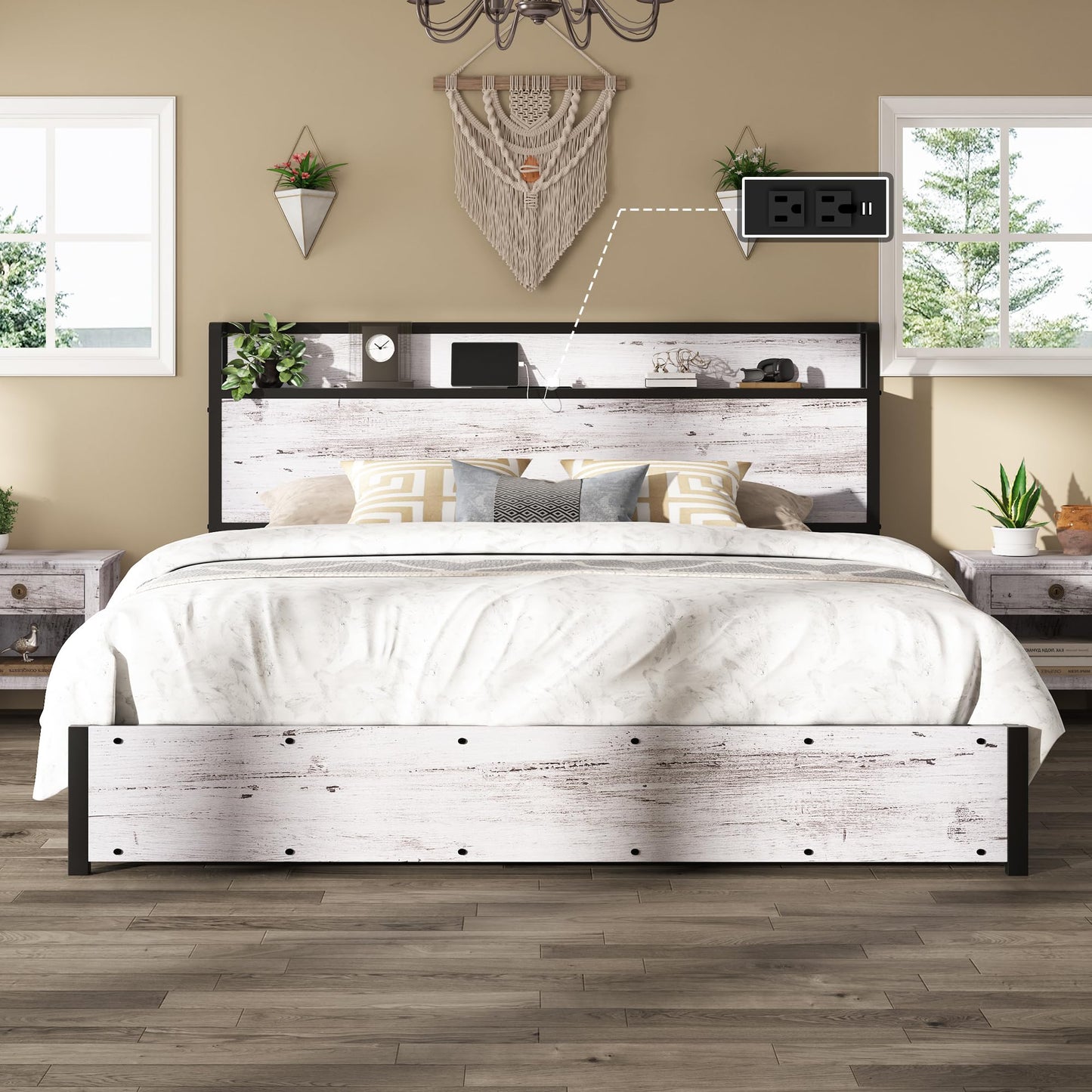 AMERLIFE King Size Lift Up Storage Bed Frame, Wooden Platform Bed Frame with Lifting Storage & Charging Station, No Spring Box Needed/Noise Free, White Birch