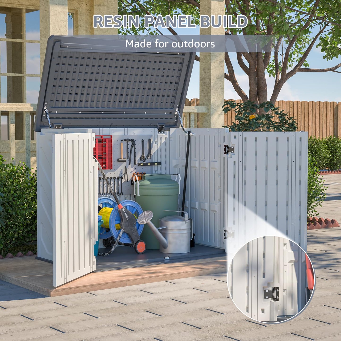 Storage Shed with Floor Included, Waterproof Resin Shed Cabinet, Outdoor Storage Cabinet for Backyard Garden, Plastic Tool Organizer, One-Tier Interior Storage Without Divider Panels, Outside Sheds