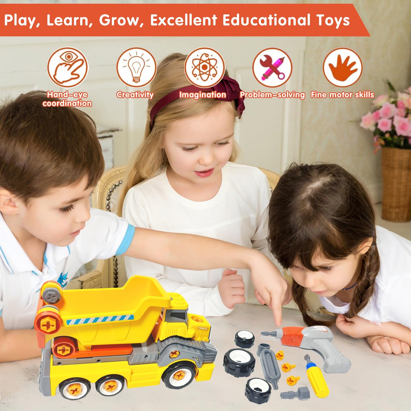 EKU EASYKU 11inches Large Take Apart Construction Toys Dump Trucks for Boys Girls Kids 3-5 6-8 Year Old Electric Drill Set Assembly Building Toys Learning Toys