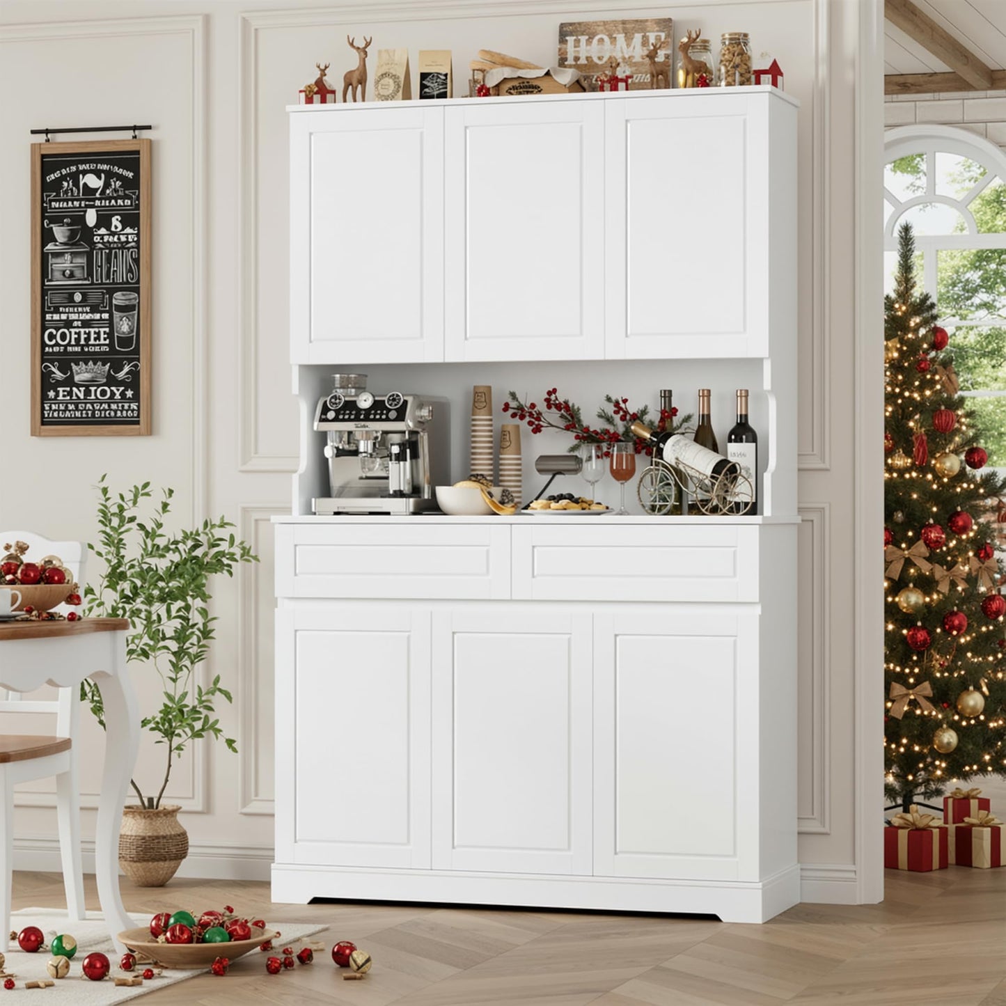 FACBOTALL 74" Pantry Cabinet, Tall Kitchen Pantry Cabinet with 6 Doors and 2 Drawers, Kitchen Hutch with Wide Countertop, Modern Kitchens Cupboard with Adjustable Shelves and Charge Holes, White