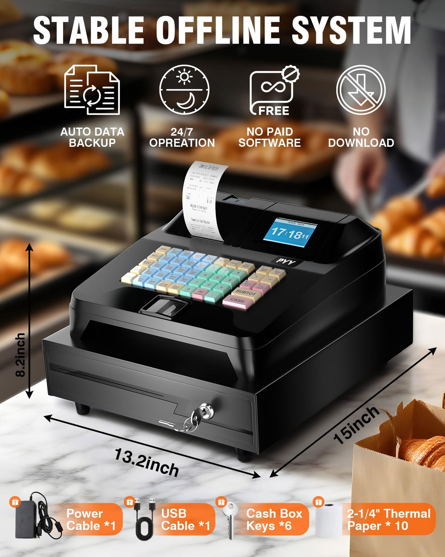 PYY Cash Register for Small Businesses - Electronic Commercial Caja Registradora para Negocio with Locked Cash Drawer Box, 8 Digital Dual Display, 48 Keys, Cashing System for Supermarket Restaurant