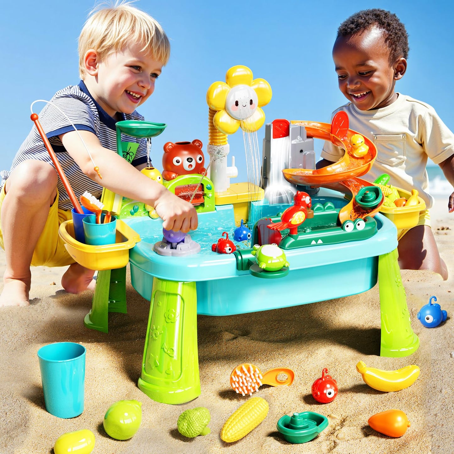 Pupu Pig Water Table Play Sink Toys for Toddlers, Kids Play Kitchen Sink with Running Water, 360° Electric Faucet, Floating Fishing Game, Sensory Water Table Toys for Boys Girls Summer Gifts