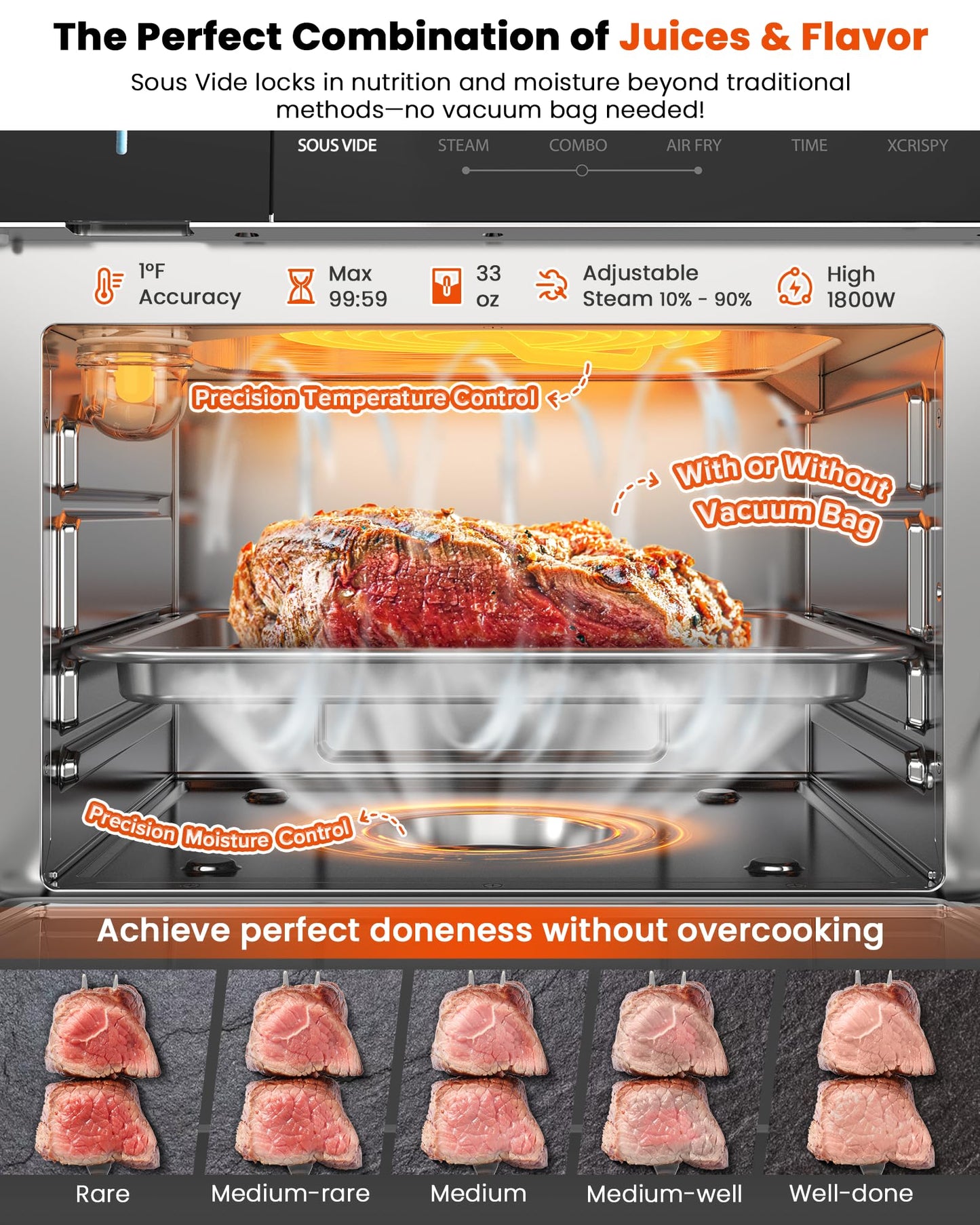 Nuwave Combi Steam Oven, Non-Toxic Stainless Steel Multi-Cooker with Air Fry, Sous Vide, Toast & More, 50-450°F Precision, 120 Presets, Moisture Control, Programmable, Easy to Clean, 16 quarts
