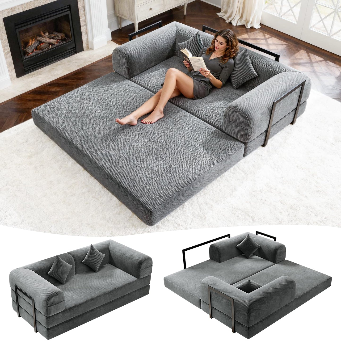 HipyMo 4-in-1 Folding Convertible Sofa Bed, 78 Inch Boneless Couch with Fixed-Shape Frame, Loveseat Sleeper with Pull Out Bed, Floor Sofa Modular Futon Couch for Living Room Bedroom Lounge (Gray)