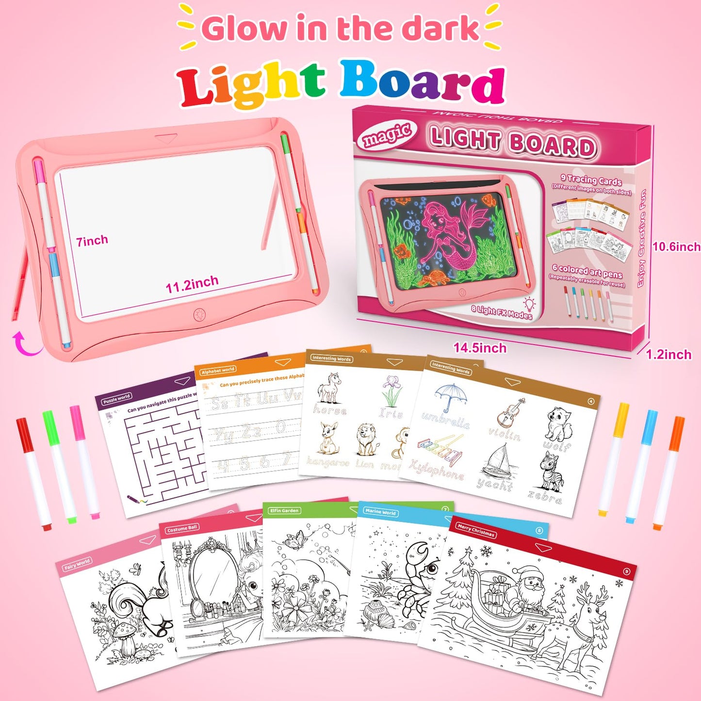 Magic LED Drawing Board for Kids, Girl Toys for Ages 5-7, Christmas Birthday Gifts, Light Up Tracing Pad, 9 Double-Sided Cards, 6 Markers, Neon Effect Doodle Writing Tablet, Arts Crafts Learning Toy