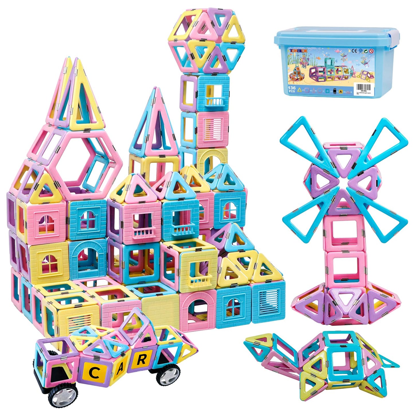 Magnetic Tiles Building Blocks Toys for Kids, 136 Pieces 3D Creative Castle Construction Magnetic Stacking Set Preschool Intelligence STEM Toys for Girls Boys Age 3years and Up (Educational Set)