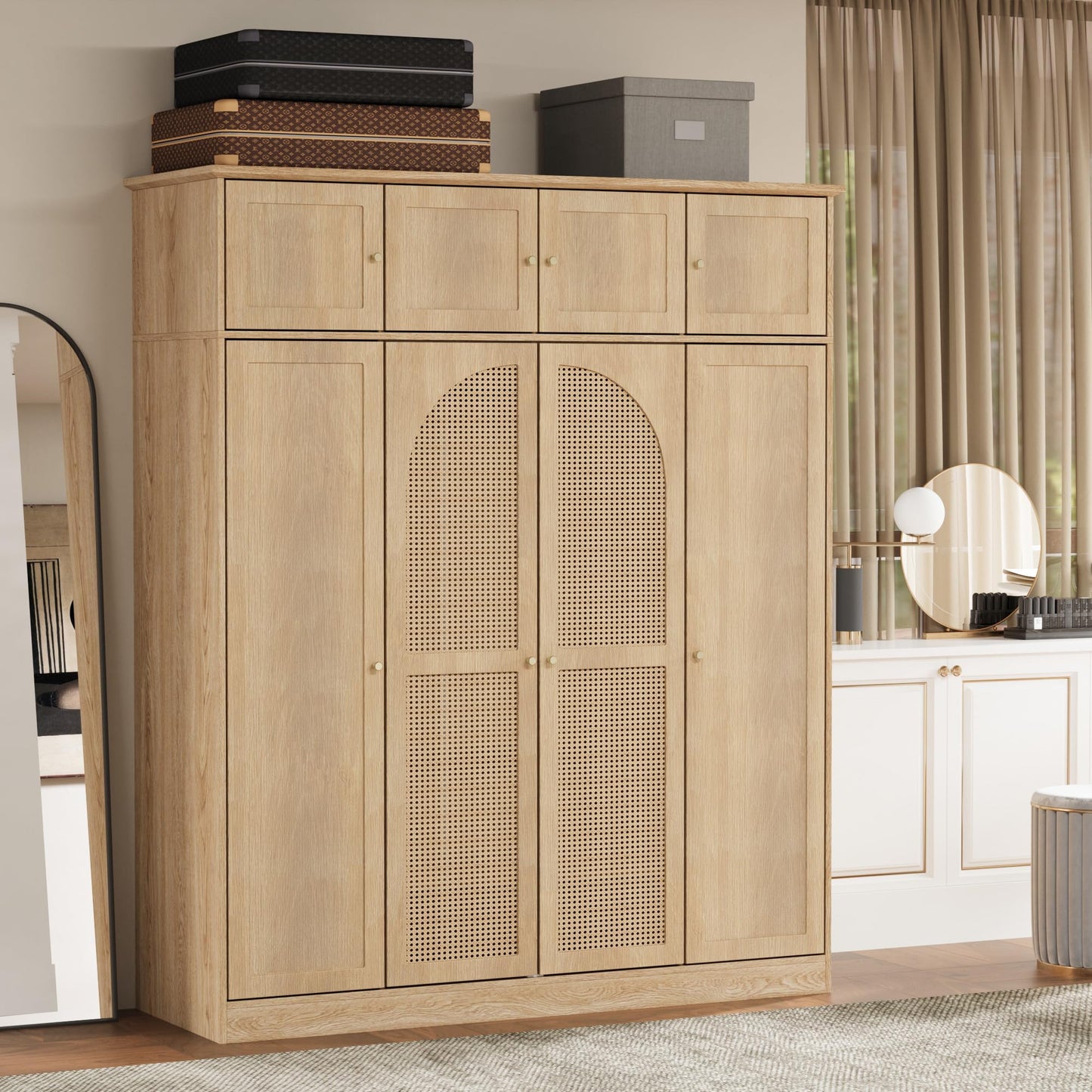 KEIKI Large 8 Doors Wood Wardrobe, Bedroom Tall Armoire Closet Organizer w/Rattan Decorative, Hanging Rails & Adjustable Shelves Clothes Storage Cabinet for Garage & Laundry Room, Brown