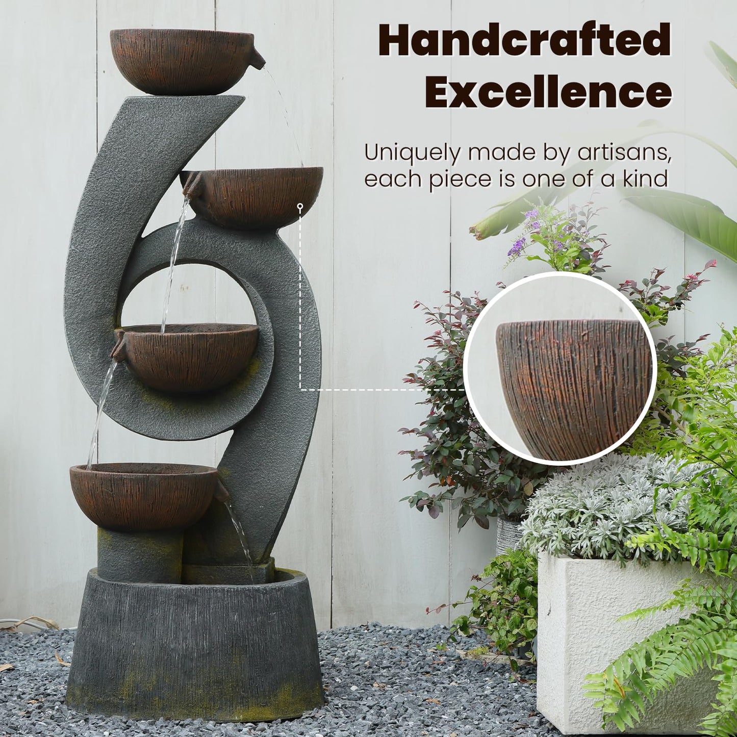 Sunlinua 46.8''H Outdoor Water Fountains - 5-Tiered Garden Fountains Outdoor for Patio, Yard, Balcony, Porch, Modern Resin Waterfall Feature for Outside with Light, Cascading Bowl Water Feature Gray