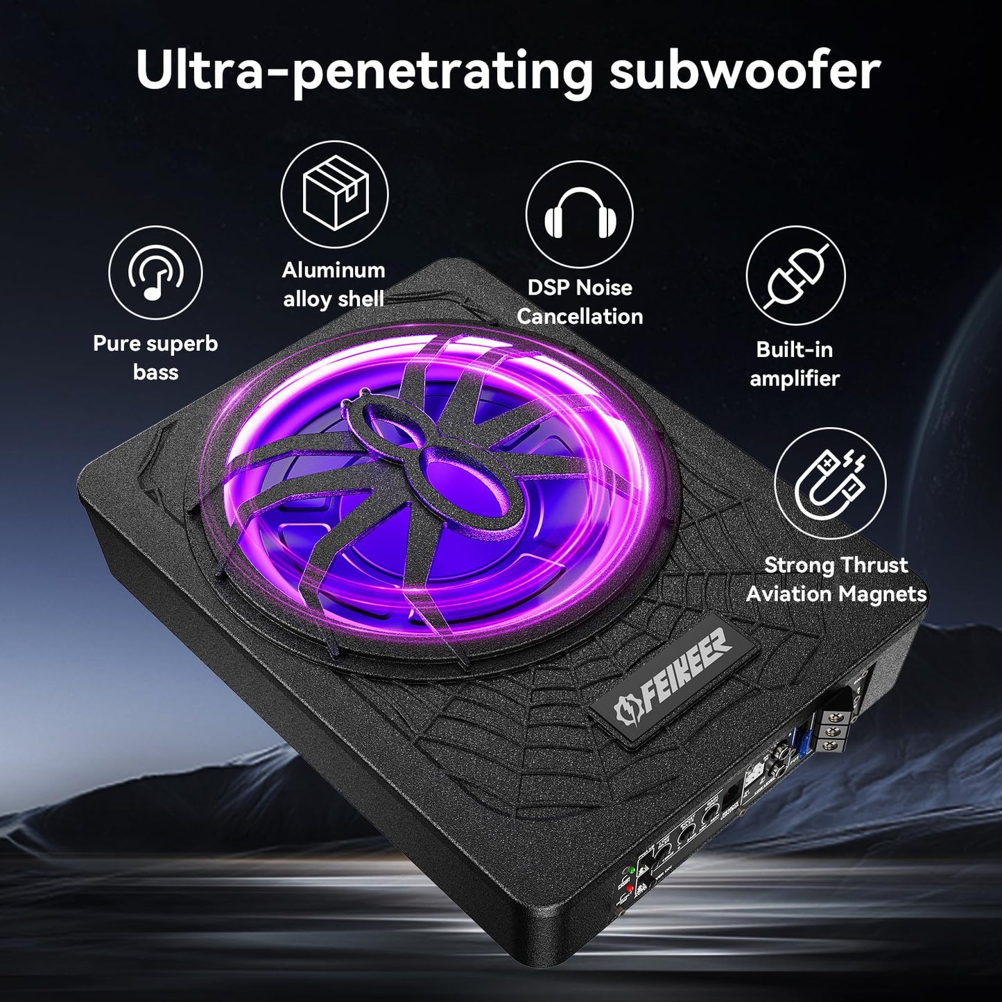 Feikeer 2026 10" 1200W UnderSeat Car Subwoofer, with Multicolor LED Lighting, Deep Bass Enhancement. Subwoofer and Amp Package for a Dynamic Driving Experience with Bass Melodies