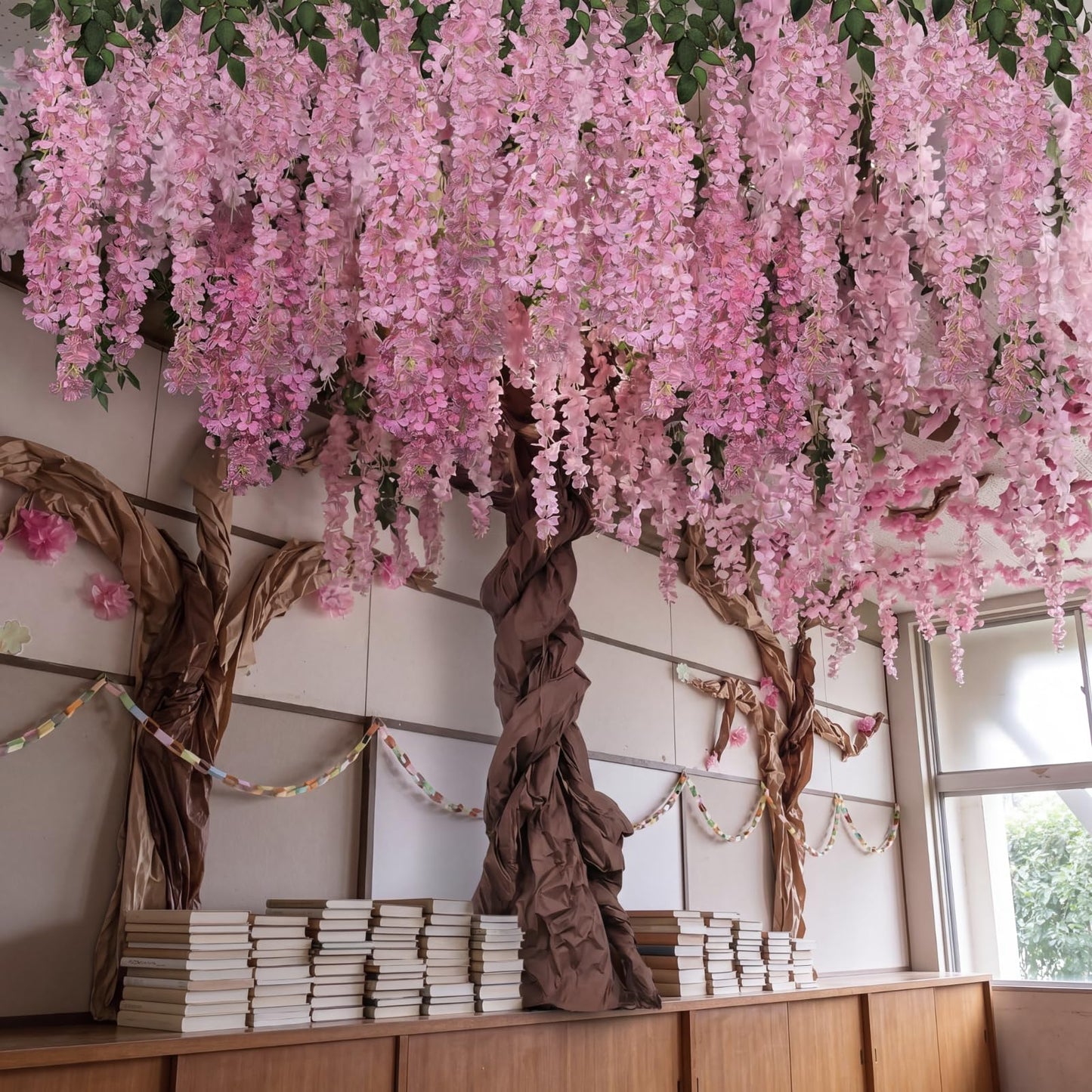 Giegxin DIY Wisteria Tree Hanging Flowers Branches 3D Paper Blossom Tree for Home Classroom Wall Spring Decor Fake Ceiling Flowers 20 Wisteria Branches for Indoor Bedroom Forest Background(Pink)