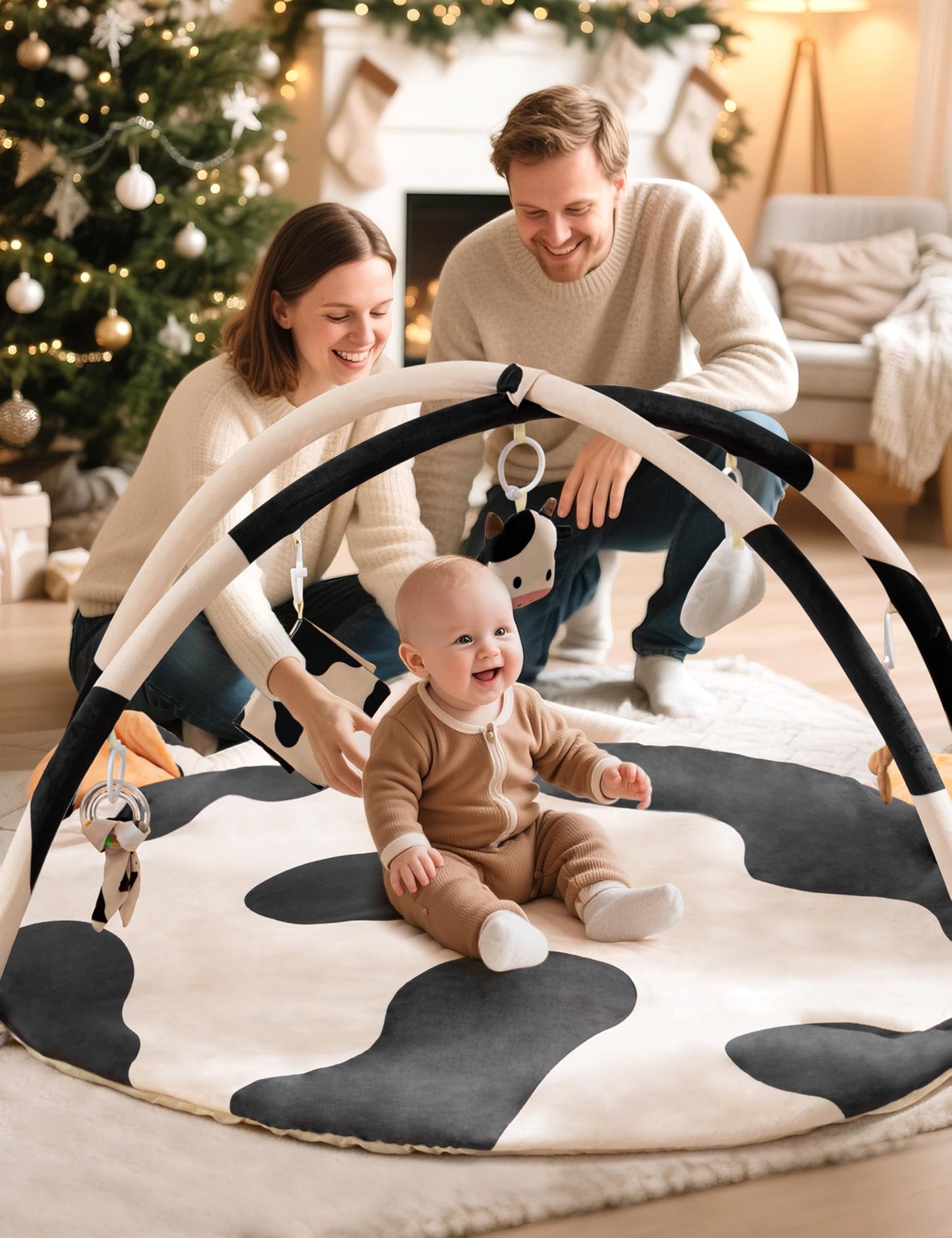2PM SPORTS Cow Theme Baby Play Mat, Tummy Time Mat for Infant Newborn, Baby Play Gyms & Playmats for 0-3 3-6 6-12 Months, Activity Mat 5 Detachable Toys, Non Slip Gym Mat Easy to Install & Clean