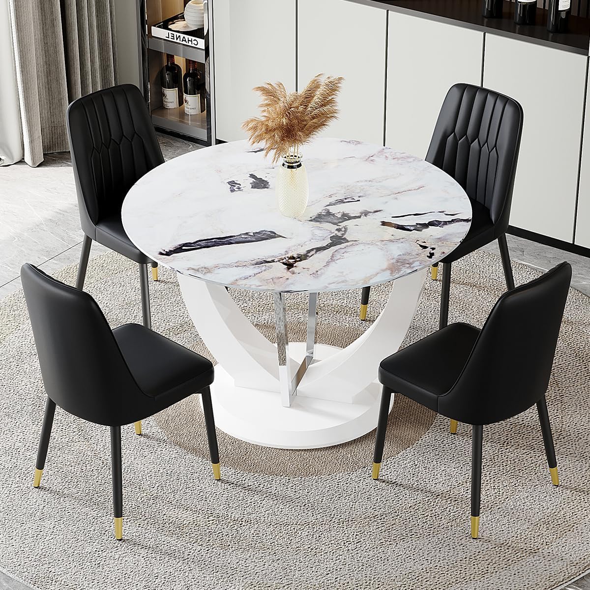 JUFU Round Dining Table Set for 4, 47" White Dinner Table Set for 4 with Marble Pattern Tabletop and PU Upholstered Black-007 Chairs, Modern 4 Chair Dining Table Set for Dinning Room, Living Room