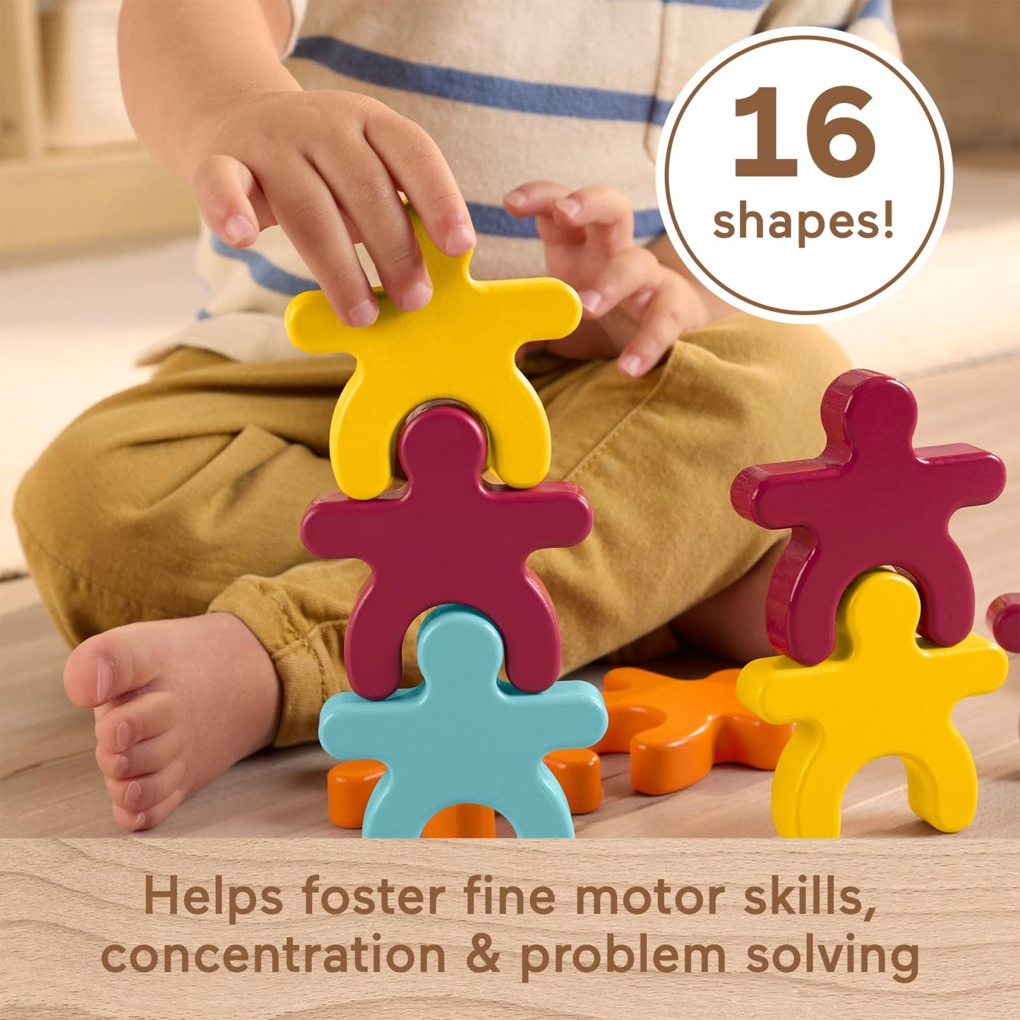 Fisher-Price Wood Montessori Toy Stacking Shapes, American Montessori Society Seal of Excellence, 16-Piece Wooden Learning Activity & Expert Play Tips for Kids Ages 2+ Years