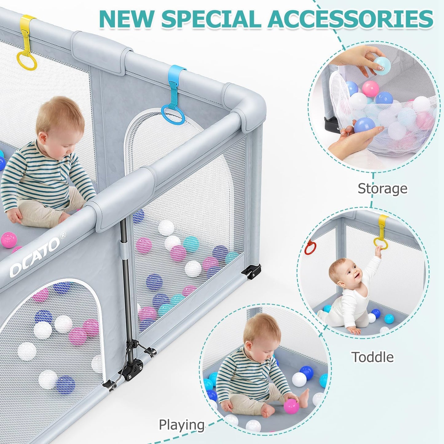 OCATO Baby Playpen: Foldable Playpen for Babies and Toddlers Large Play Pen Portable Playpen Fence Indoor Outdoor Kids Safety Area Travel Play Yard with 1 Storage Bag 4 Handlers 50 Balls (50" × 50")