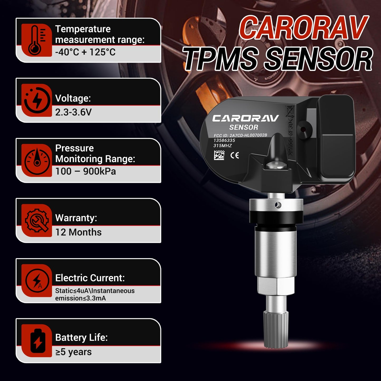 TPMS Sensor GM, 4-Pack Tire Pressure Monitoring System Sensor Replacement for GM Chevy GMC Cadillac Buick, 315MHz OE Replaces for 13586335 13581558 13598771 13598772