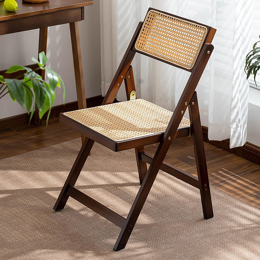 KISKIS Wooden Rattan Folding Chairs Portable Save Space Kitchen Dining Chair for Balcony Living Room, with Mesh Elastic Seat and Curved Back, 400LBS,1 Pack