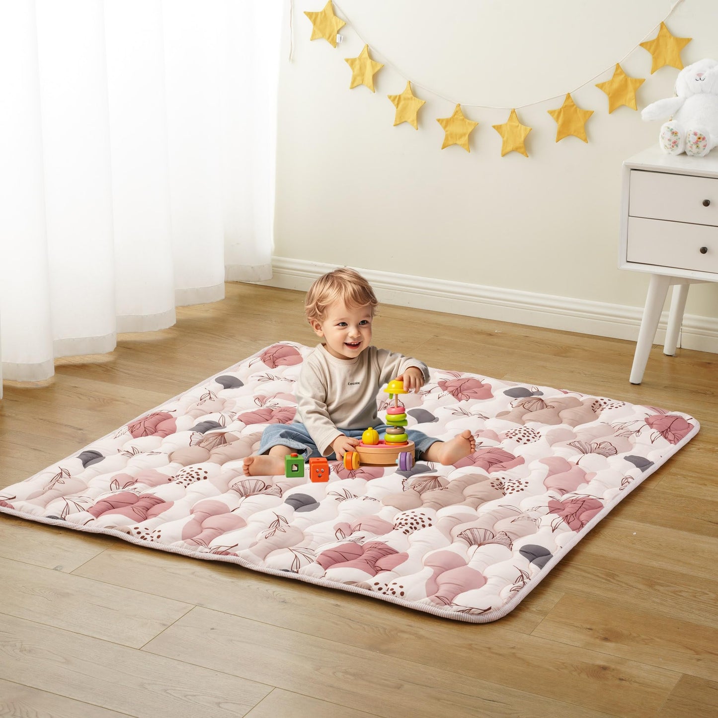 Bunnikins & Clover 50"x50" Thicken Soft Play Mat for Babies 0-6 Months, Foldable and Non Slip One-Piece Baby Crawling Mat, Washable Padded Foam Play Mat for Baby, Toddlers Infants, Tummy Time
