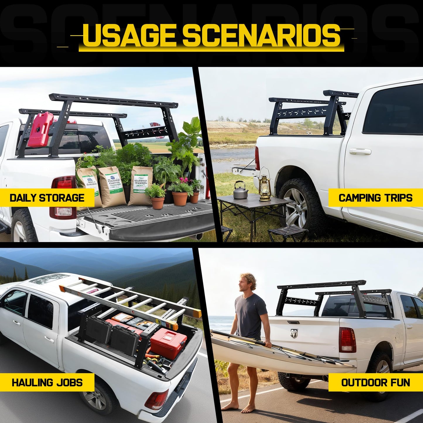 Binary Star Adjustable Truck Bed Rack Compatible with Most Trucks (Chevy/Dodge/Ford/Gladiator/Tundra/Tacoma), Kayak, Surfboard, Lumber, Snowboard, Ladder Rack for Truck