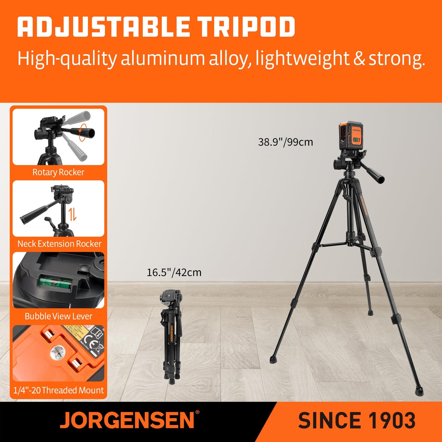 JORGENSEN Laser Level with Tripod, 100 FT Dual Modules Self Leveling Cross Line Laser Leveler Tool with 360° Magnetic Base, Green Laser Level for Picture Hanging, Tile, Home Renovation, Indoor Project