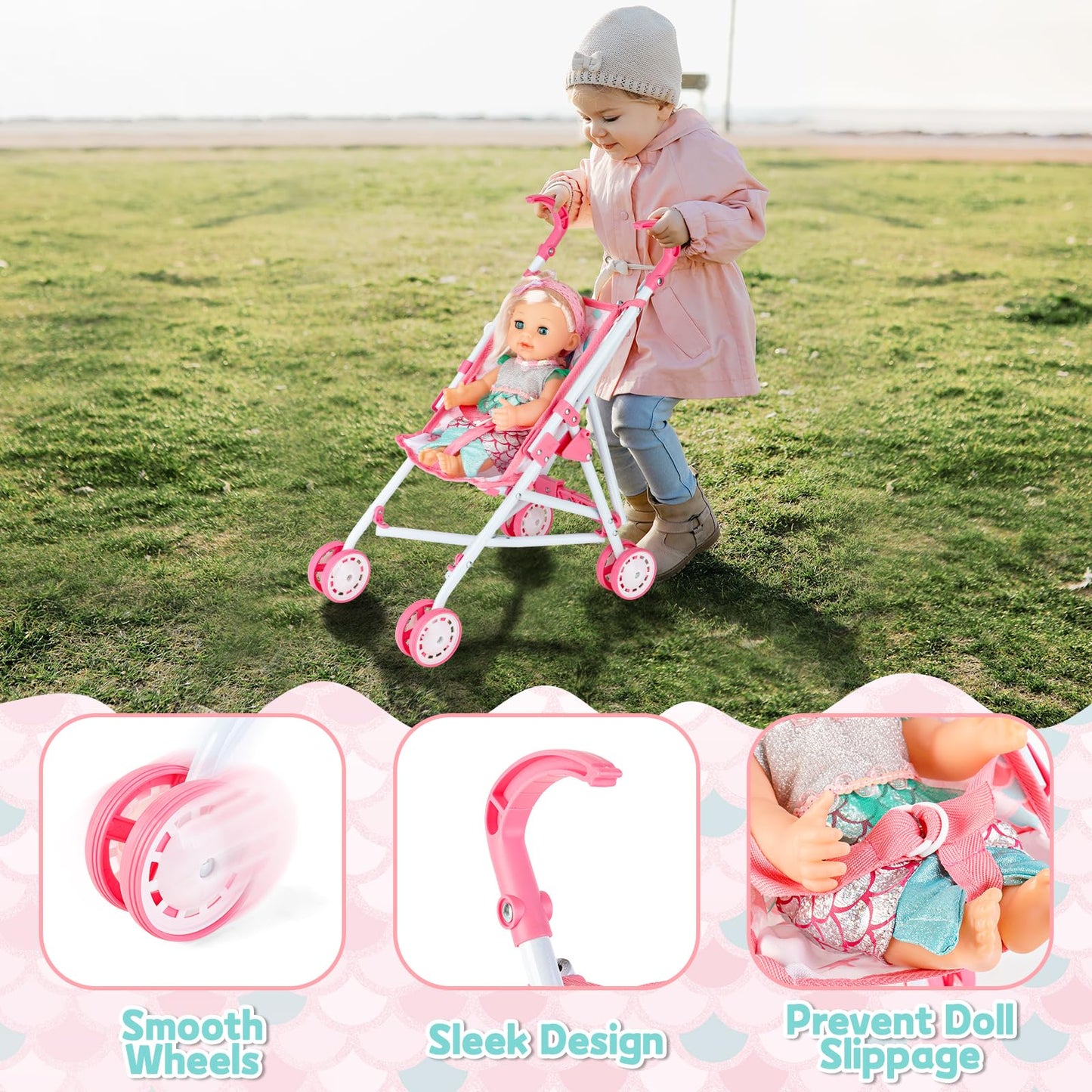deAO Baby Doll Stroller Playset,5-in-1 with 12-inch Doll Included,Foldable Stroller,Crib Bed & Play Mat - Fits 12 14 Inch Dolls,Pink Travel Toy Set for Toddlers Girls Boys