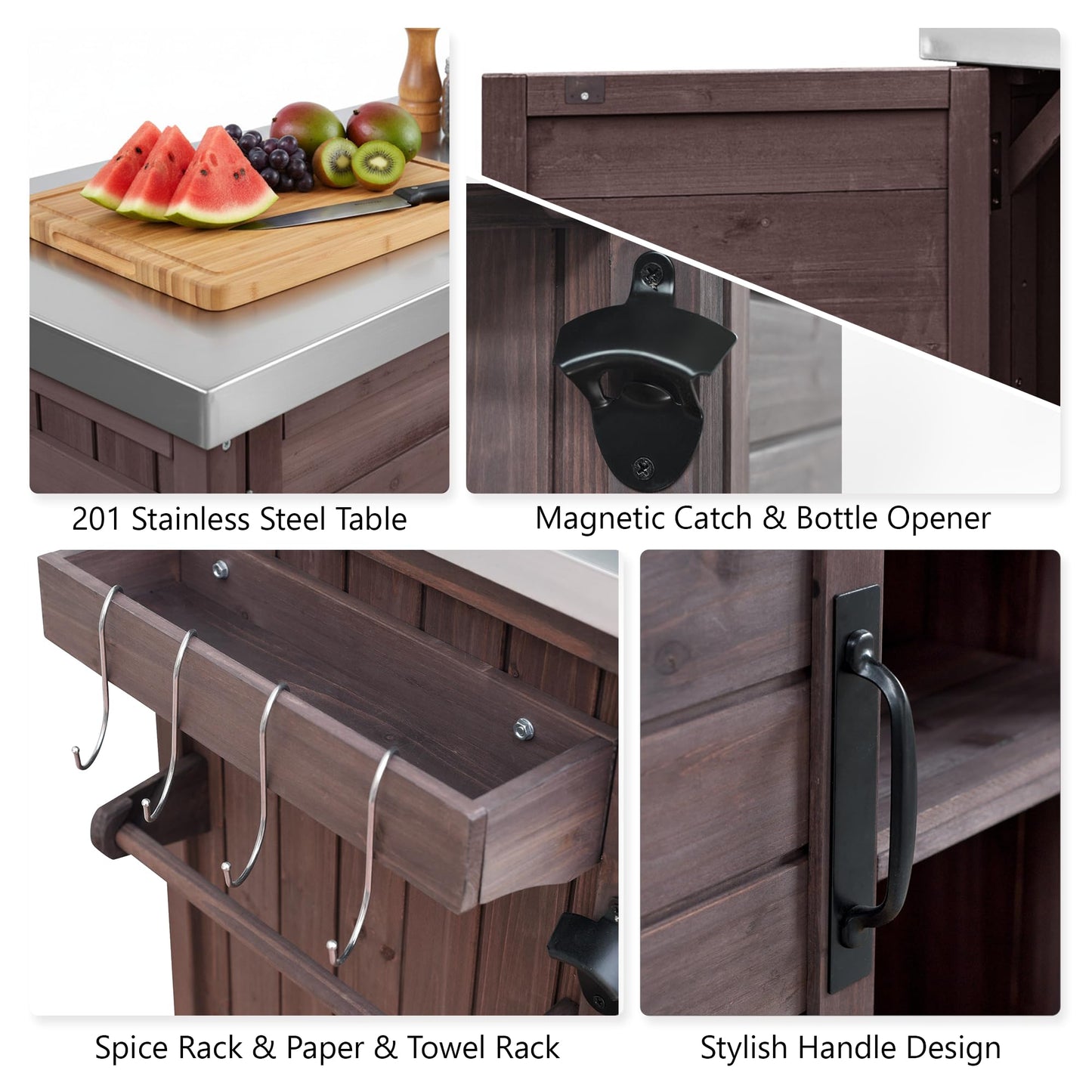 Merax 78.3" Outdoor Kitchen Island with Foldable Grill Table, Solid Wood Grill Cart with Storage & Stainless Steel Top, Bar Cart for Lawn & Garden, Dark Brown