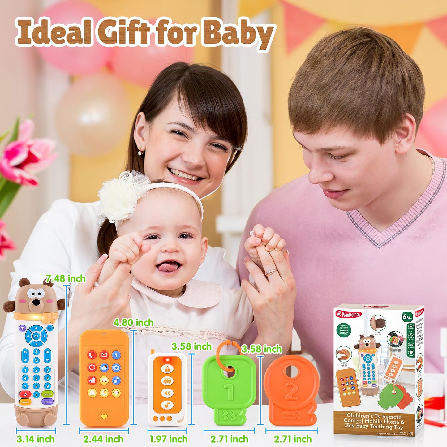 Baby Remote Control Toy with Phone Teether & Teething Keys & Car Remote, Remote Teether for Baby with Realistic Light and Sounds, Baby Musical Toys Gift for Boys Girls 6+ Months