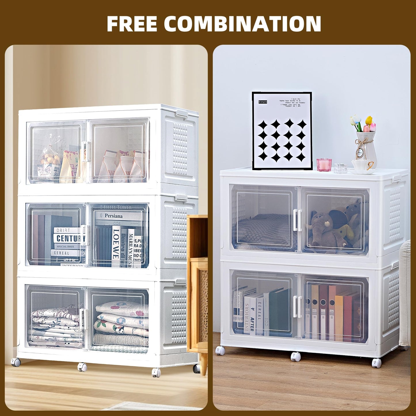 FINCHESCLUB 568QT/141Gal XL Stackable Storage Bins with Lids, Foldable Storage Bins with Doors, Wheels, and Lights - Collapsible Closet Cabinets for Home Office, 3 Pack - White