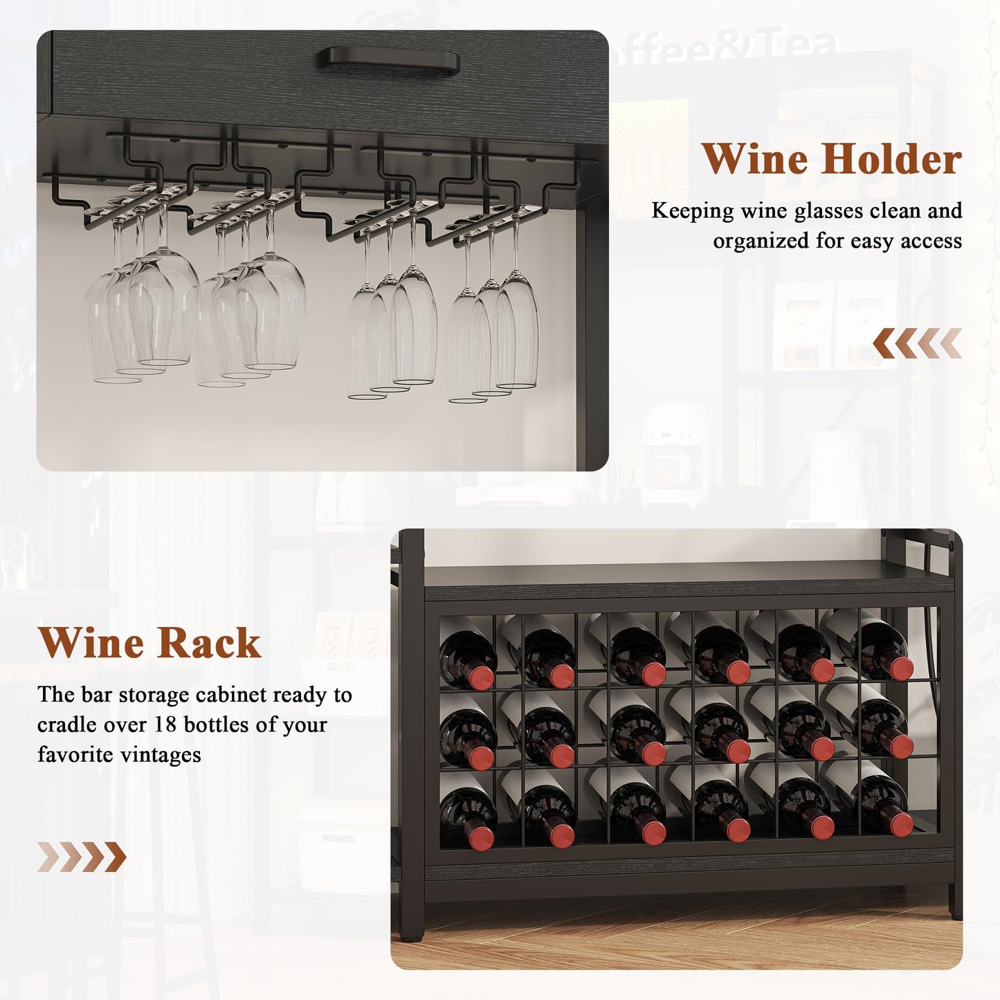 Semoic Wine Bar Cabinet with LED Lights, 65.35'' Tall Industry Coffee Bar Cabinet with Drawer and Power Outlets, Kitchen Microwave Stand Bakers Rack Cabinet for Liquor and Goblet, Black (Brown)