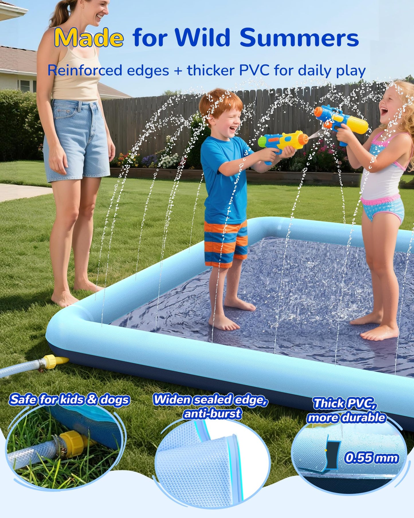VISTOP Non-Slip Splash Pad for Kids and Dog, Thicken Sprinkler Pool Summer Outdoor Water Toys - Fun Backyard Fountain Play Mat for Baby Girls Boys Children or Pet Dog (50 * 50 inch, Blue&Blue)