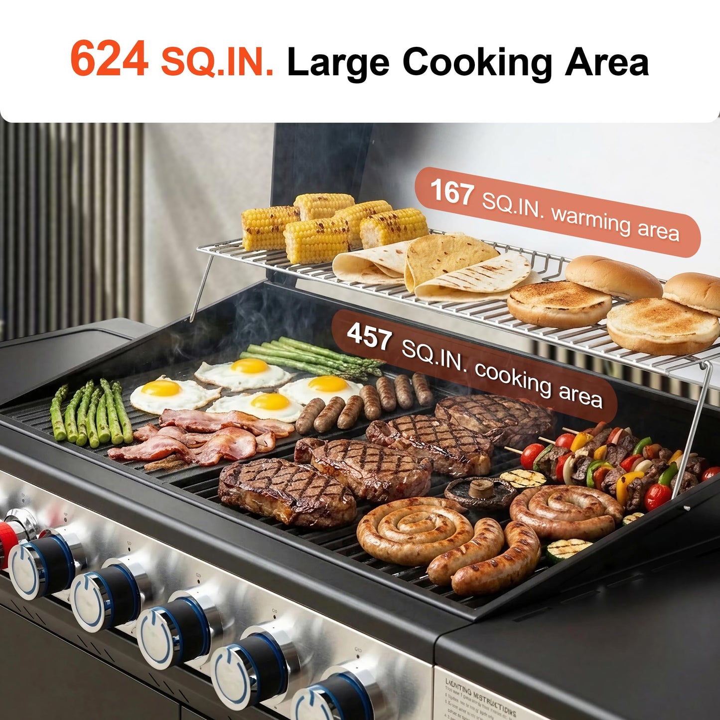 Brand-Man 6-Burner Propane Gas Grill with Infrared Sear Side Burner, Porcelain-Enameled Cast Iron Diamond-Pattern Grates & Griddle, BBQ Station with Storage Cabinet and Side Table for Barbecue