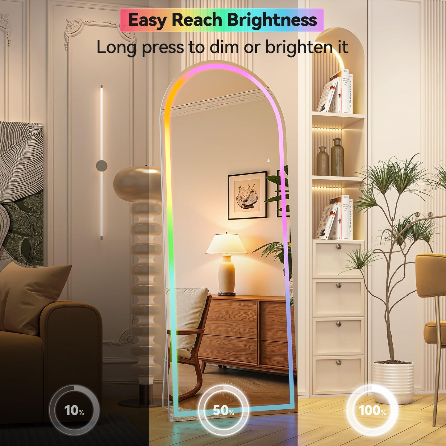 Hasipu 56" x 16" Arch LED RGB Bluetooth Full Length Mirror with Stand ＆ 7 Color Lighting Modes, Full Body Mirror with White Frame for Bedroom, Living Room, Dressing Room