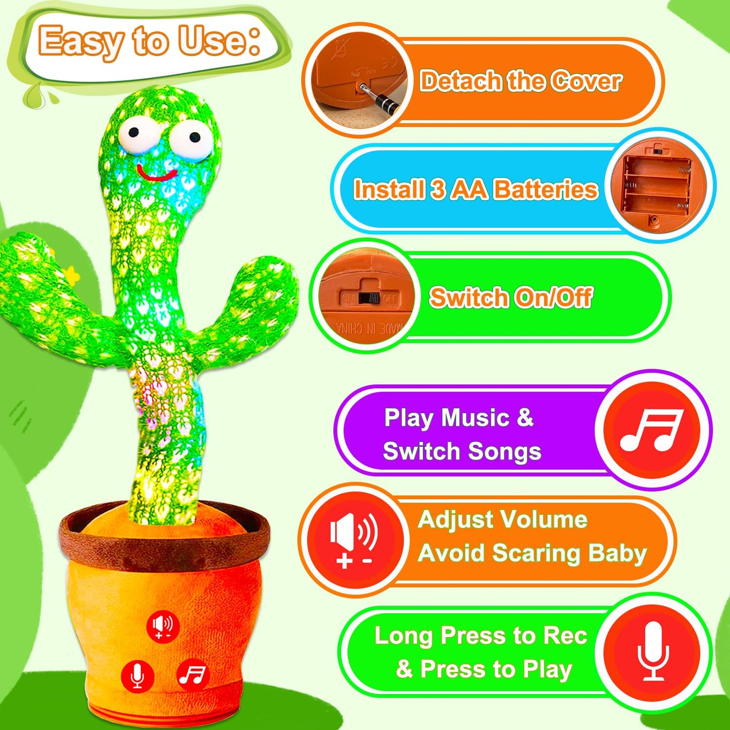 Baby Toys Interactive, Dancing Talking Cactus Toy Volume Adjustable, Mimicking Singing Repeating, Easter Gifts / Easter Basket Stuffers for Baby Toddler, Toddler Infant Baby Toys Gifts for Boys Girls