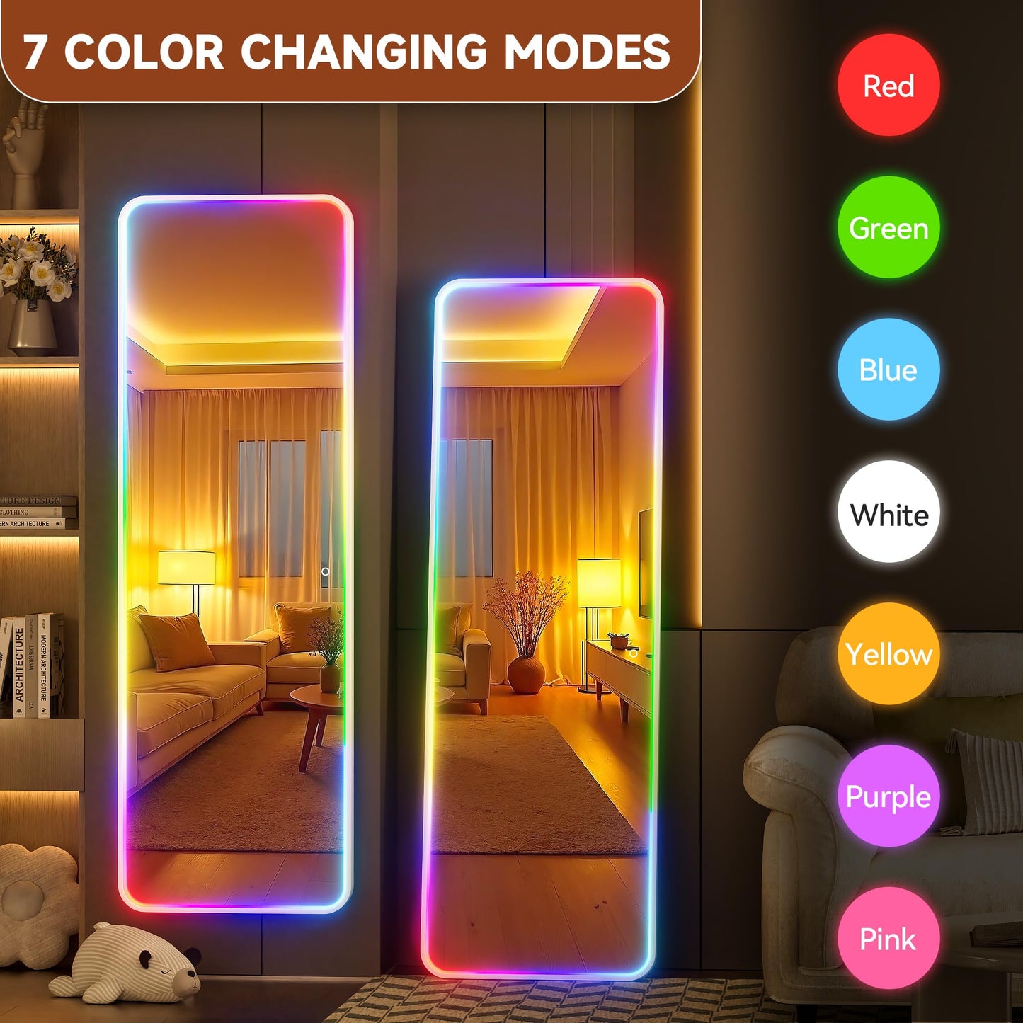 Hasipu 55"x16"LED RGB Door Mirror Full Length with Bluetooth Speaker, Full Body Full Length Over The Door Mirror with Lights, Door Hanging & Wall Mounted Mirror for Bedroom, Living Room, Cloakroom